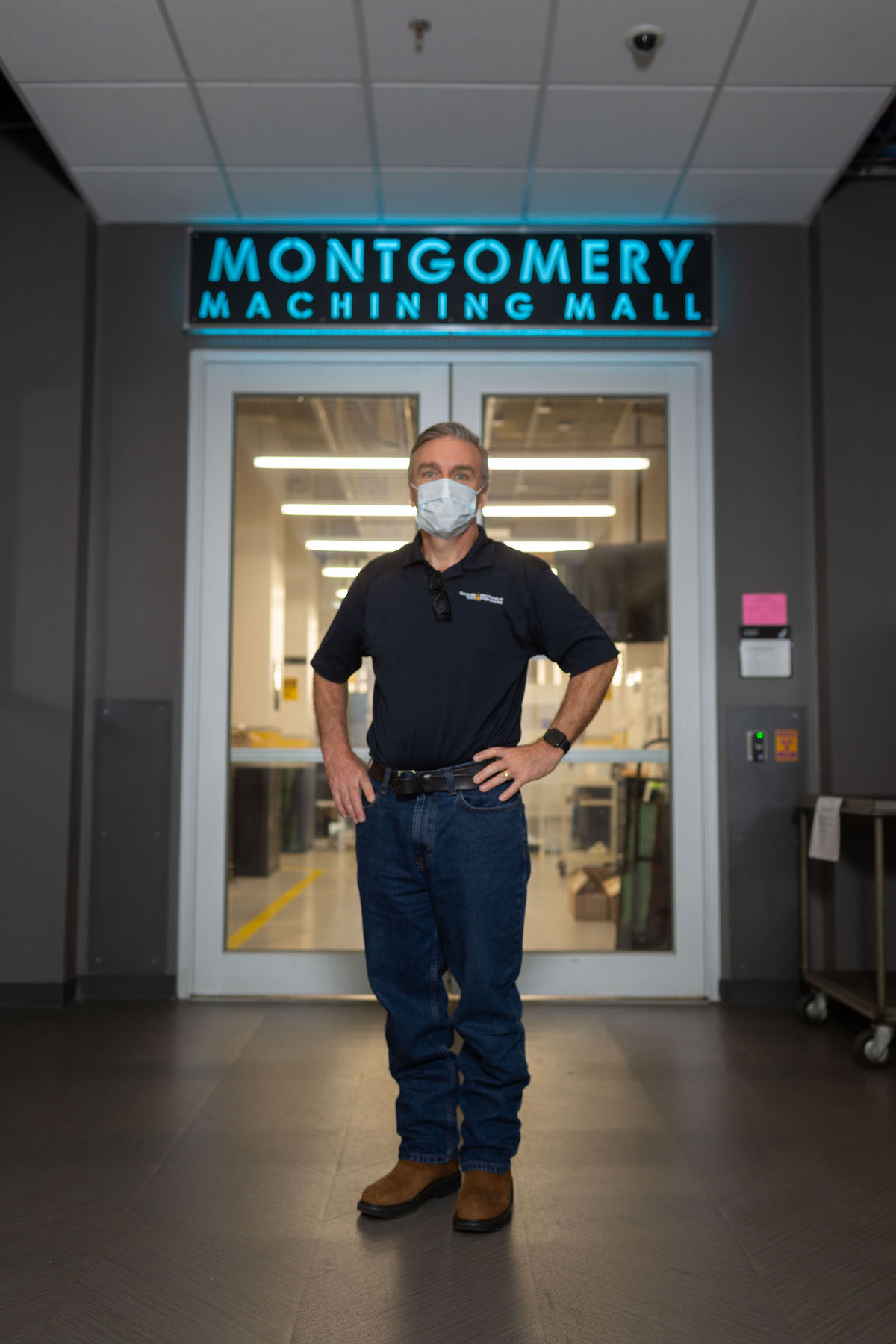 Steven Sheffield at the Woodruff School of Mechanical Engineering's Montgomery Machining Mall. (Photo by Allison Carter.)