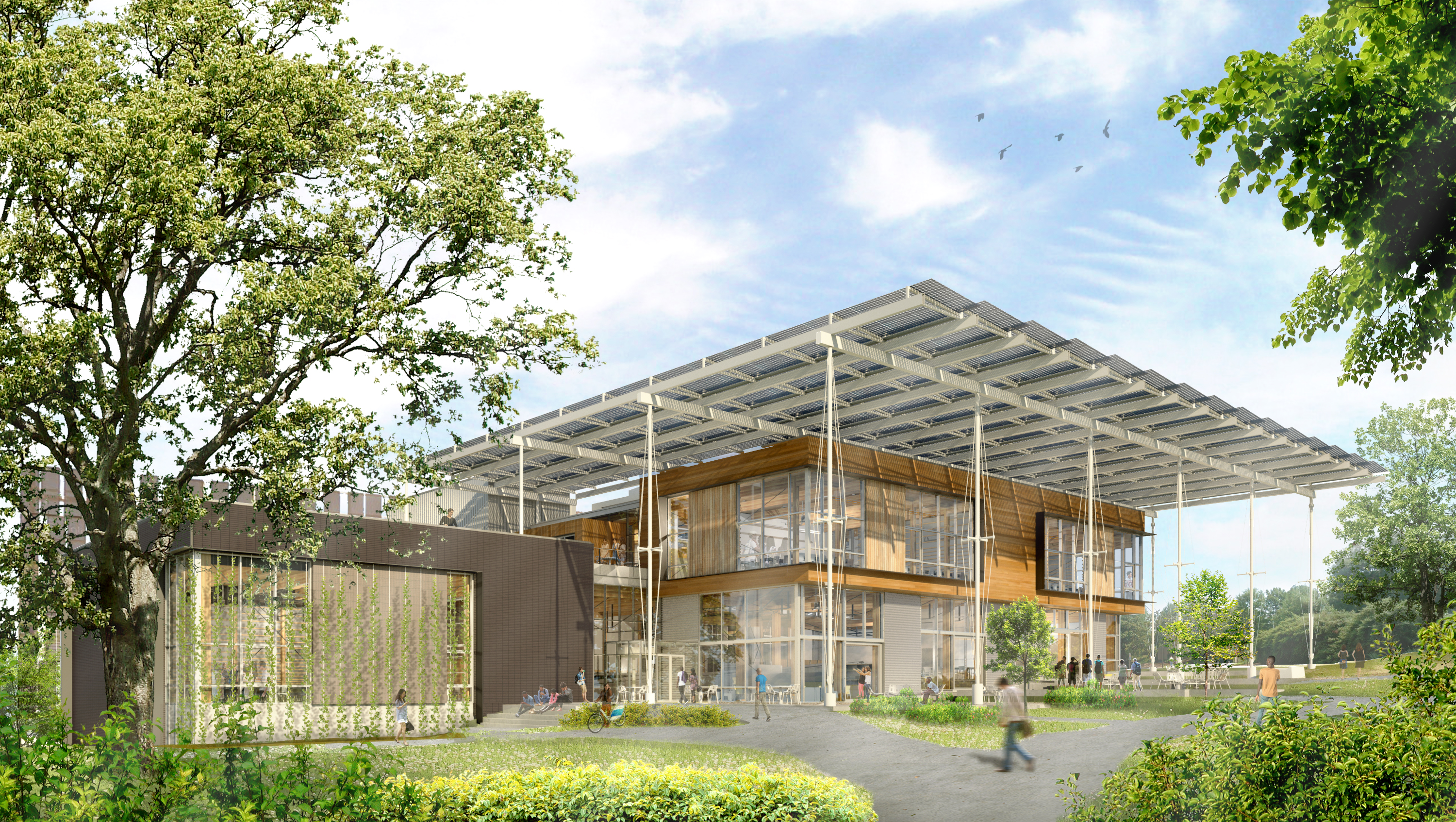 This perspective demonstrates how the Living Building's "porch" integrates the building with the Eco-Commons to the west.

Image courtesy of The Miller Hull Partnership in collaboration with Lord Aeck Sargent. 