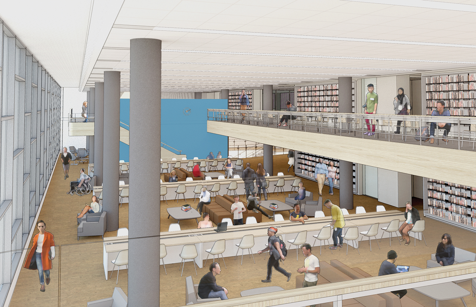 The first-floor Library West Commons was once home to banks of computers. When renovations are complete, the area will instead provide more flexible workspace and become a reading room, harkening back to the building’s original incarnation. 