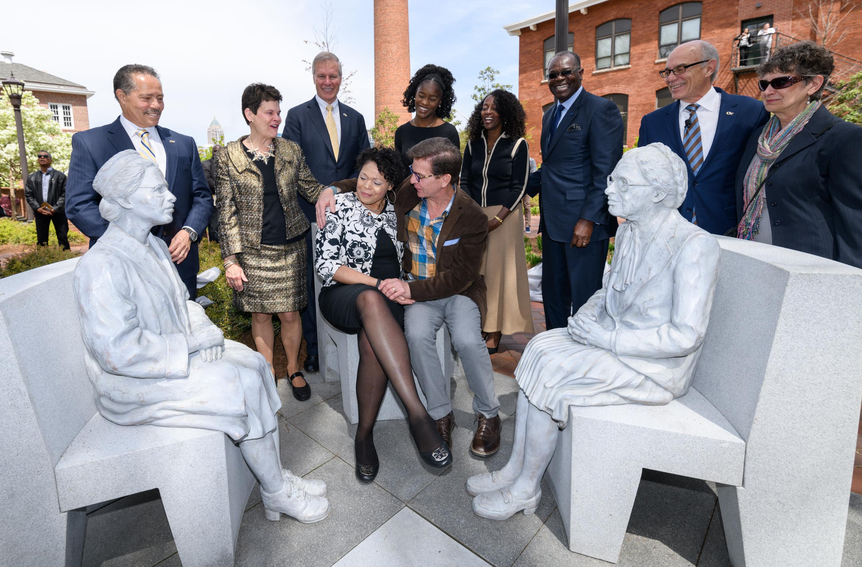 Georgia Tech unveiled a sculpture installation of Rosa Parks, called Continuing the Conversation. Seated are Urana McCauley, Parks’ great-niece, and Martin Dawe, the Atlanta artist who designed the piece. (Photo by Rob Felt)