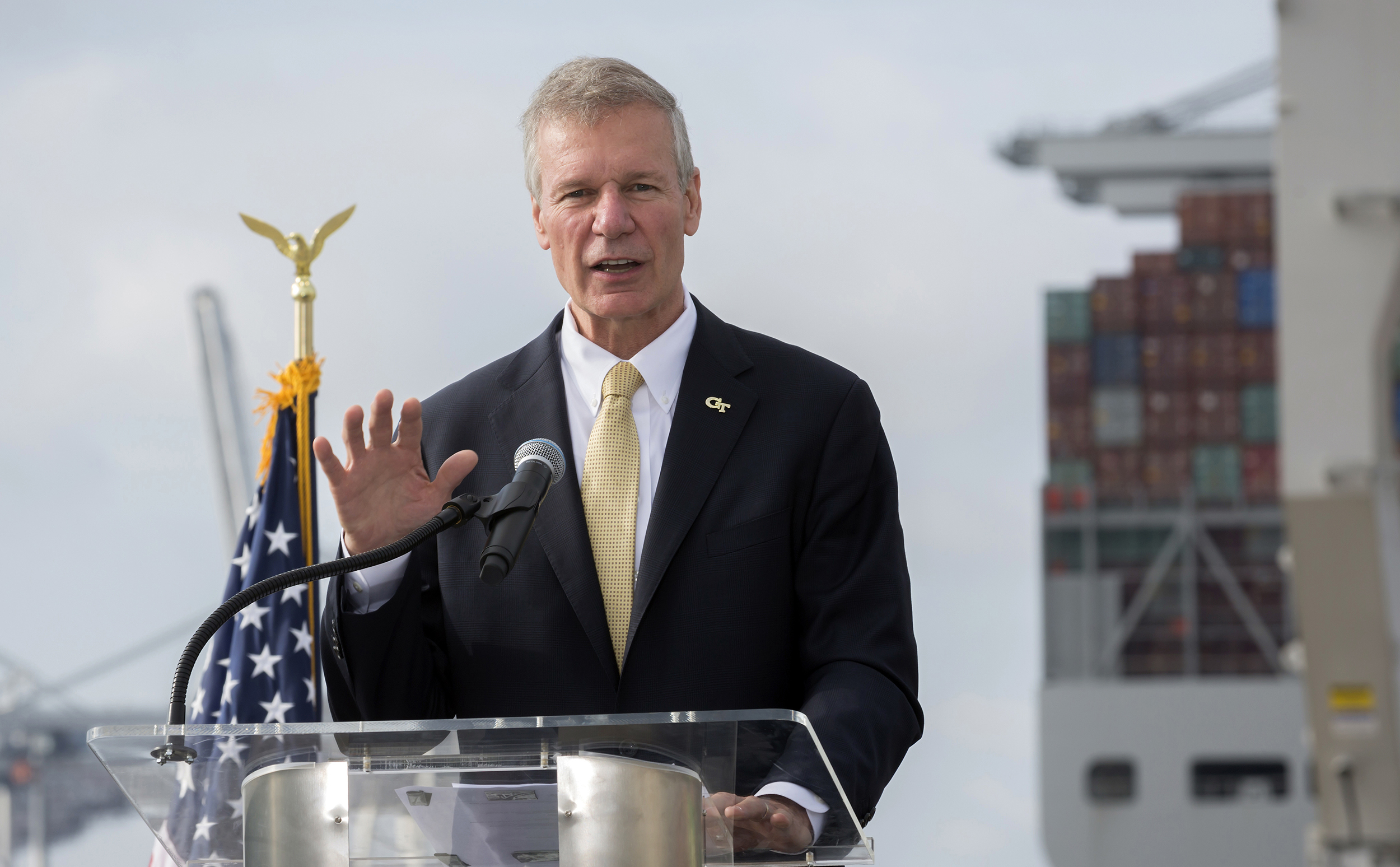 Georgia Institute of Technology President G.P. "Bud" Peterson speaks during the signing of a Memorandum of Understanding event, Tuesday, July 31, 2018, at the Port of Savannah. The memorandum creates a new relationship aimed at supporting the state’s logistics industry in economic development, research, and education. (GPA Photo/Stephen B. Morton)