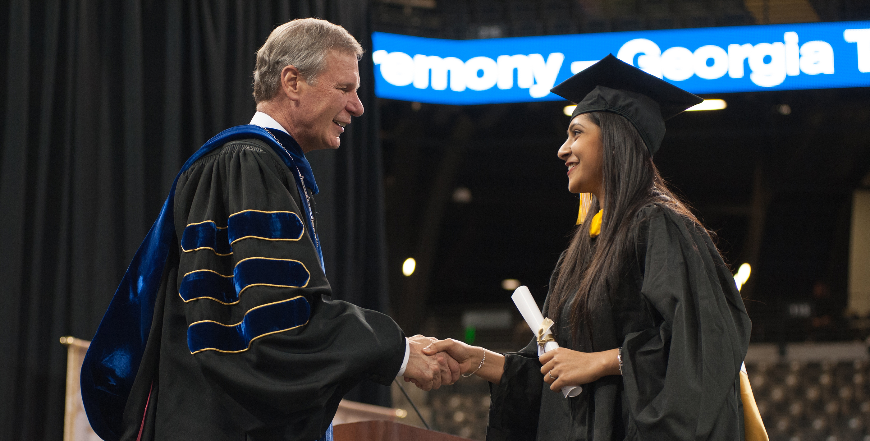 Georgia Tech President G.P. "Bud" Peterson personally shakes hands with every graduate at each commencement ceremony.
