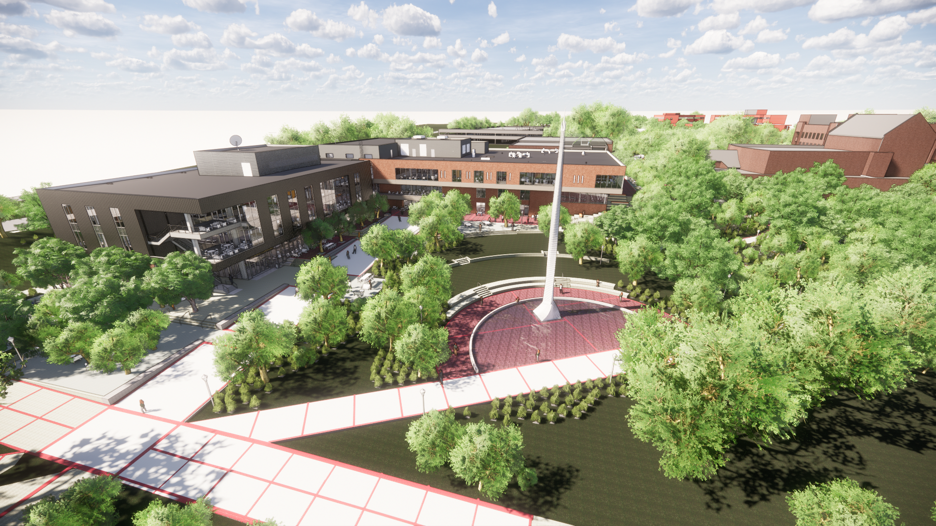 An aerial rendering of the renovated Student Center and Campanile Plaza