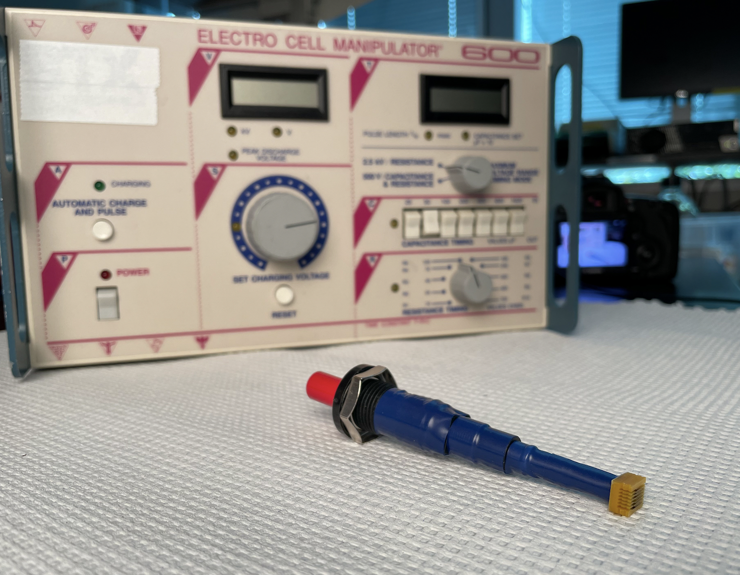 A traditional electroporation machine is much larger and complex than the handheld ePatch device.