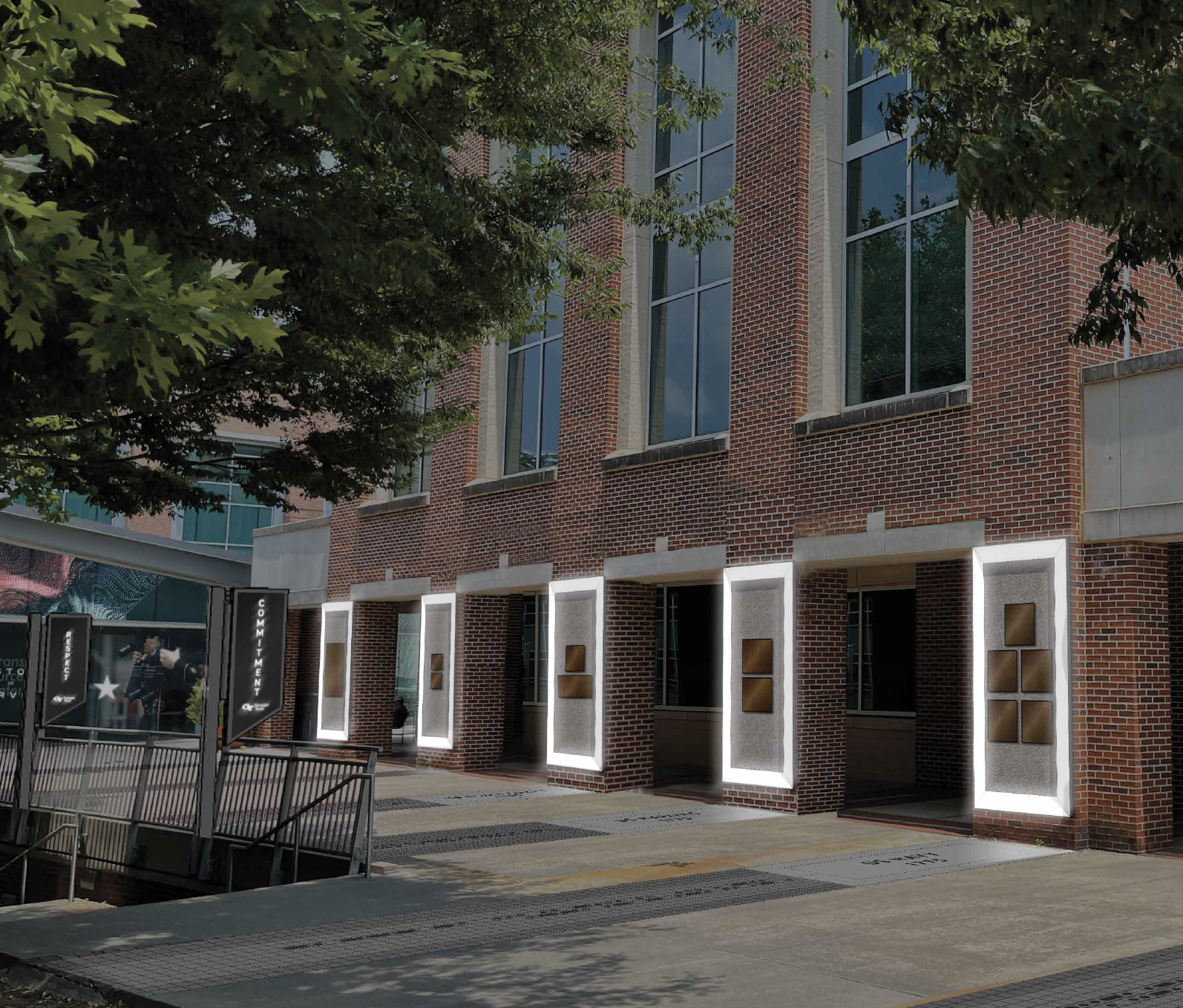 The walkway leading to the Veterans Resource Center will feature granite inlays and mounted wall plaques recognizing the six branches of the military.