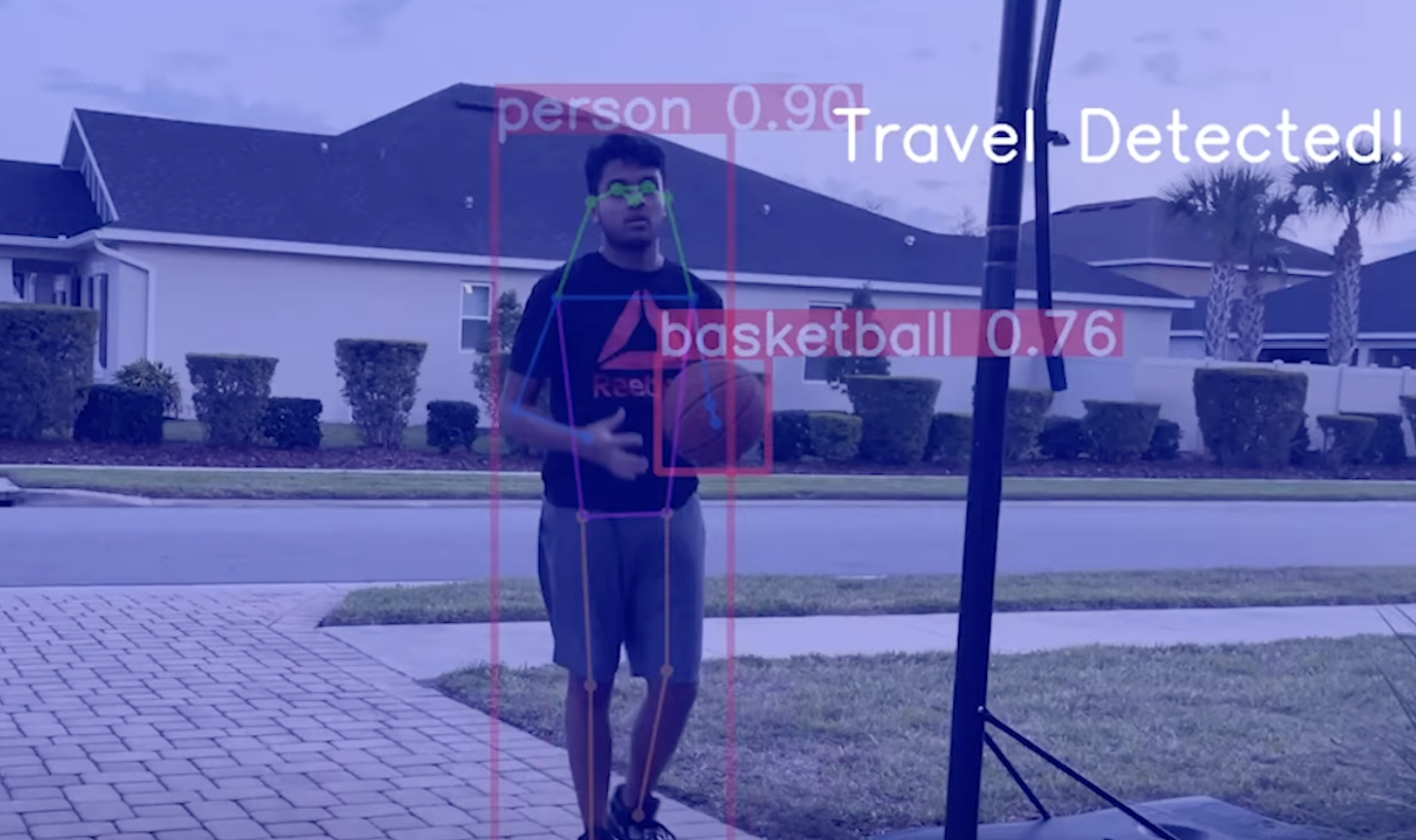 Ayush Pai's AI basketball official detects a traveling violation. 