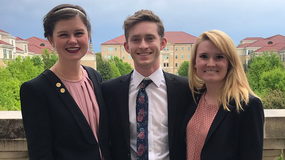 Biomedical engineering students Rachel Mann, left, Jared Brown and Bailey Eaton designed a device that simplifies the suturing required when surgeons remove a patient's prostate. They're undergraduate finalists in the 2019 Collegiate Inventors Competition.