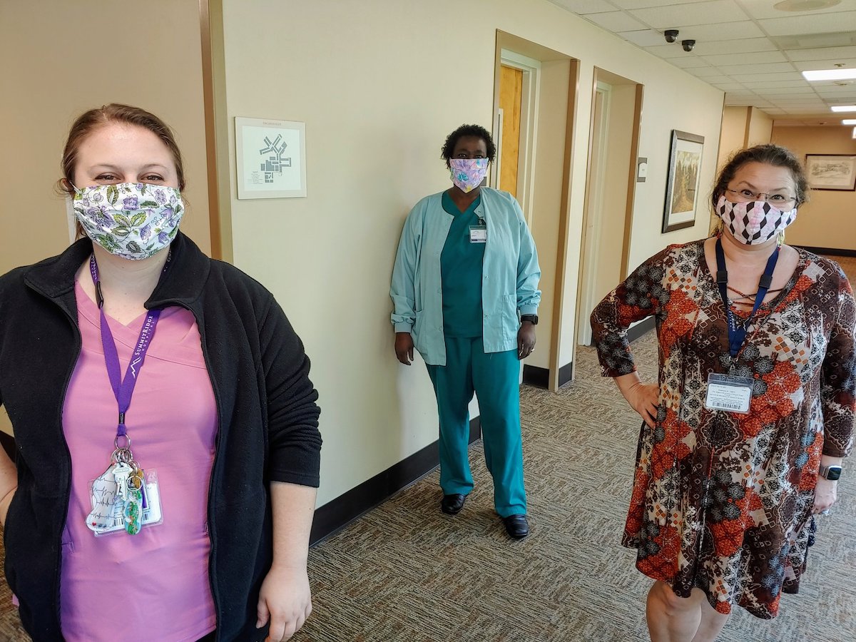 SummitRidge Hospital employees wearing face coverings sewn by Sewing Masks for Area Hospitals. (Photo courtesy: SMAH)