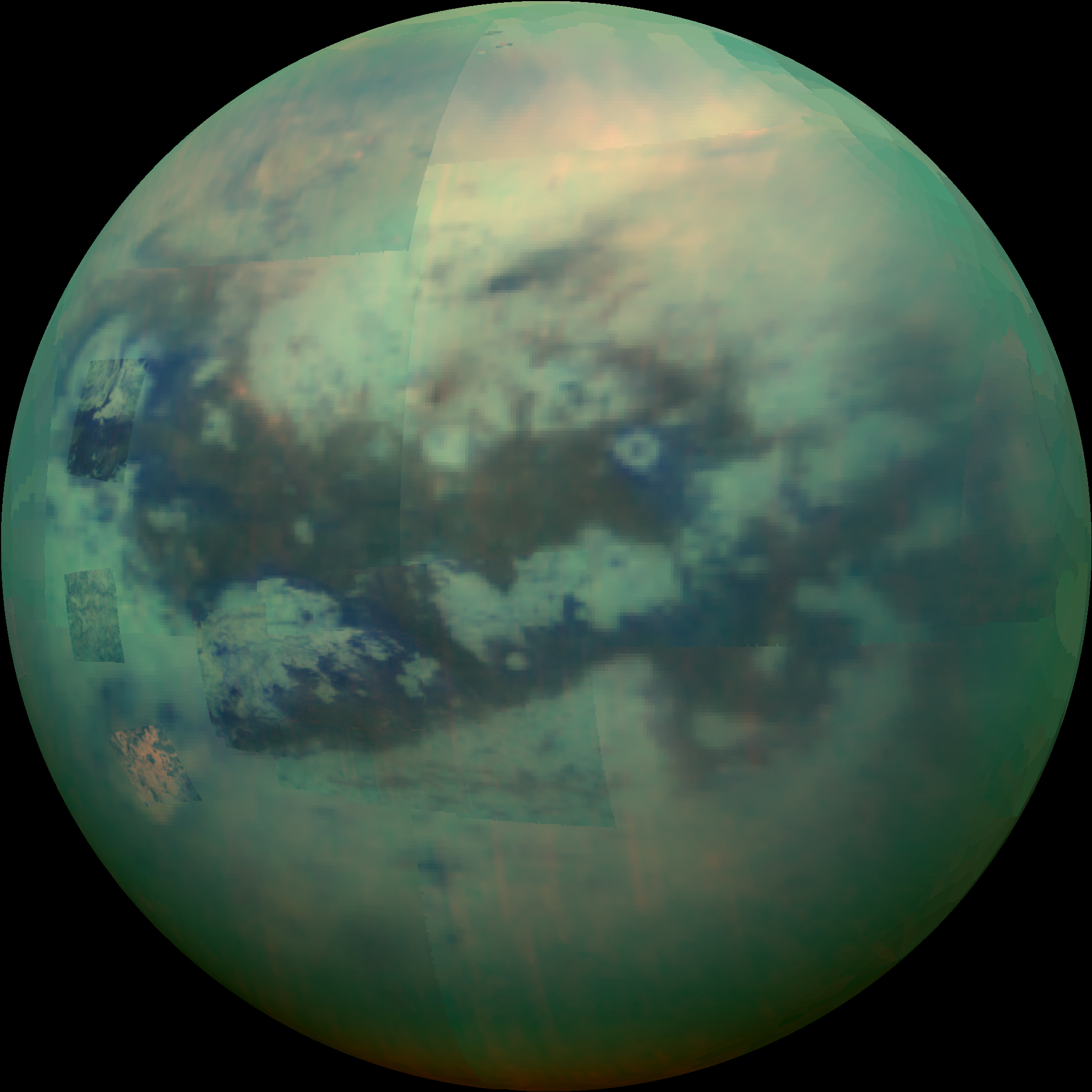 This composite image shows an infrared view of Saturn's moon Titan from NASA's Cassini spacecraft, acquired during the mission's "T-114" flyby on Nov. 13, 2015. Courtesy: NASA/JPL