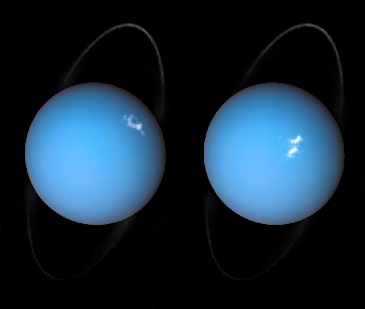 This is a composite image of Uranus by Voyager 2 and two different observations made by the Hubble Space Telescope — one for the ring and one for the auroras (Photo credit: ESA/Hubble &amp; NASA, L. Lamy/Observatoire de Paris).