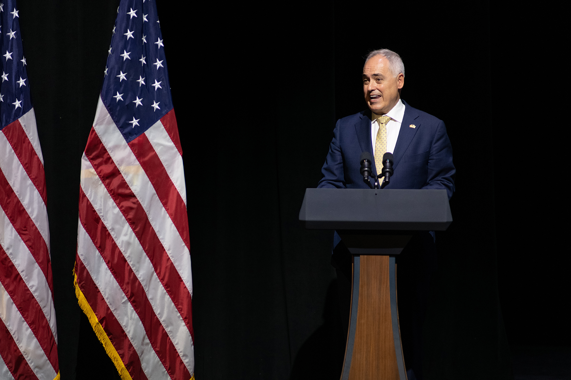 President Ángel Cabrera welcomes attendees to the discussion hosted by Vice President Kamala Harris on Feb. 8, 2023. Photo by Rob Felt