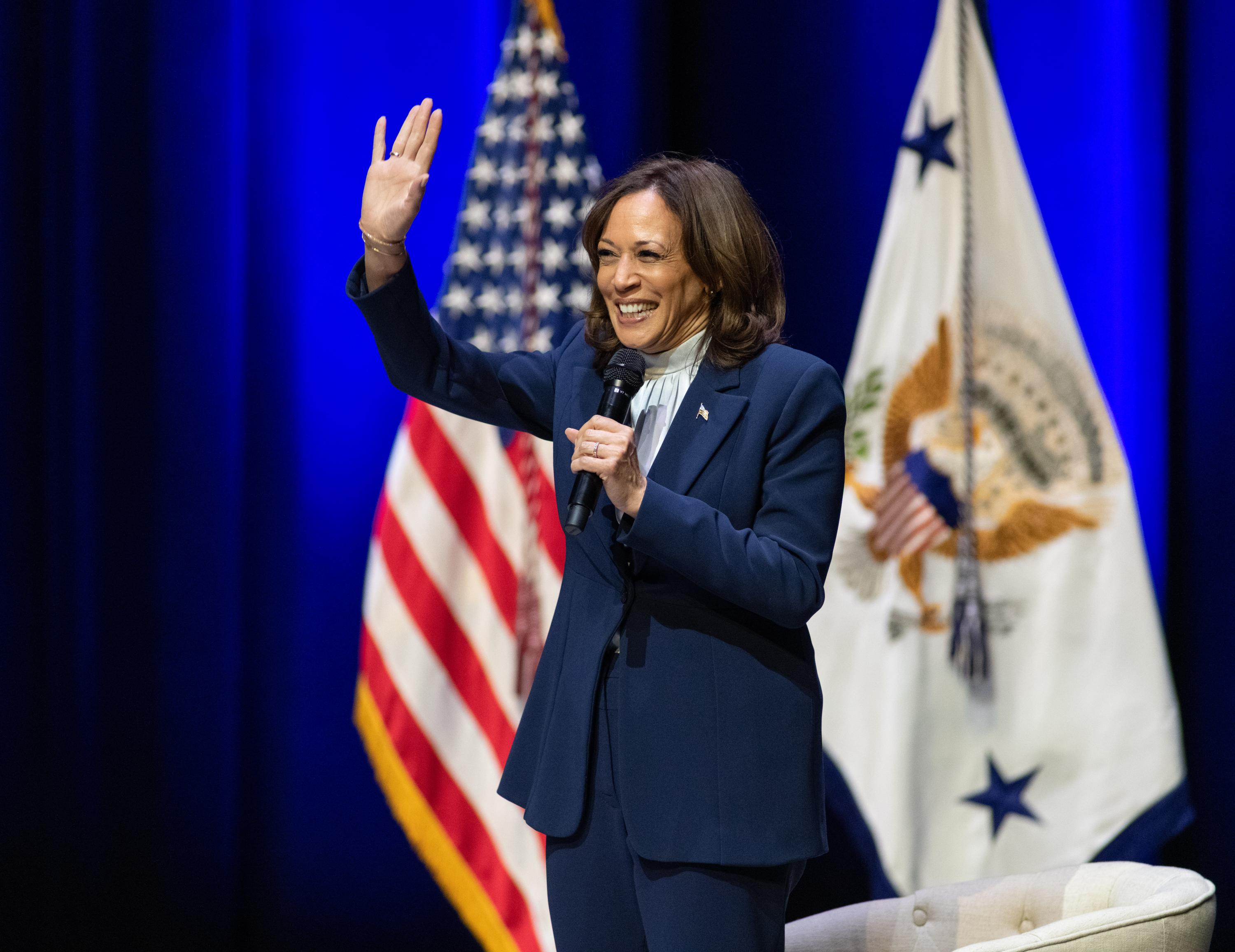 Vice President Kamala Harris takes the stage at the Ferst Center on the Georgia Tech Campus. 