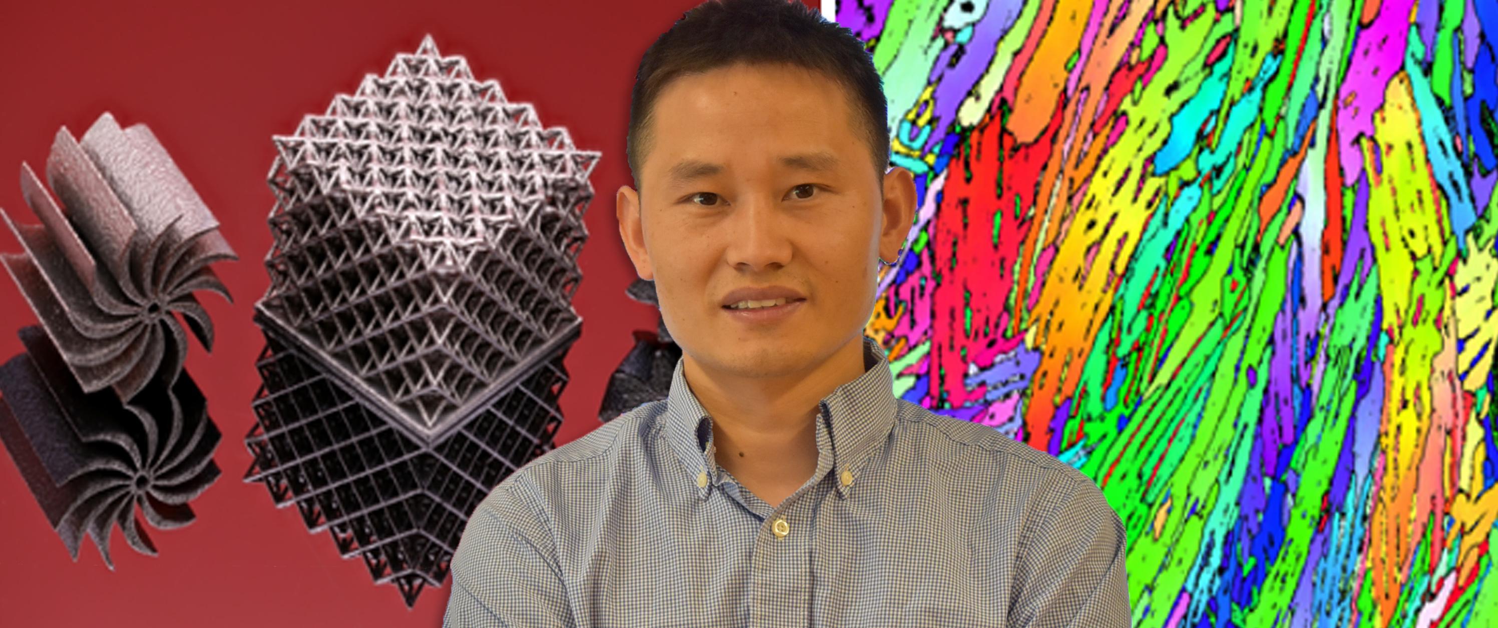 Wen Chen, assistant professor of mechanical and industrial engineering at UMass Amherst, stands in front of 3D-printed high-entropy alloy components (heat fan and eight lattice, left) and a cross-sectional electron backslide differential inversion pole image map.  Randomly oriented nanolamella microstructure (right). 