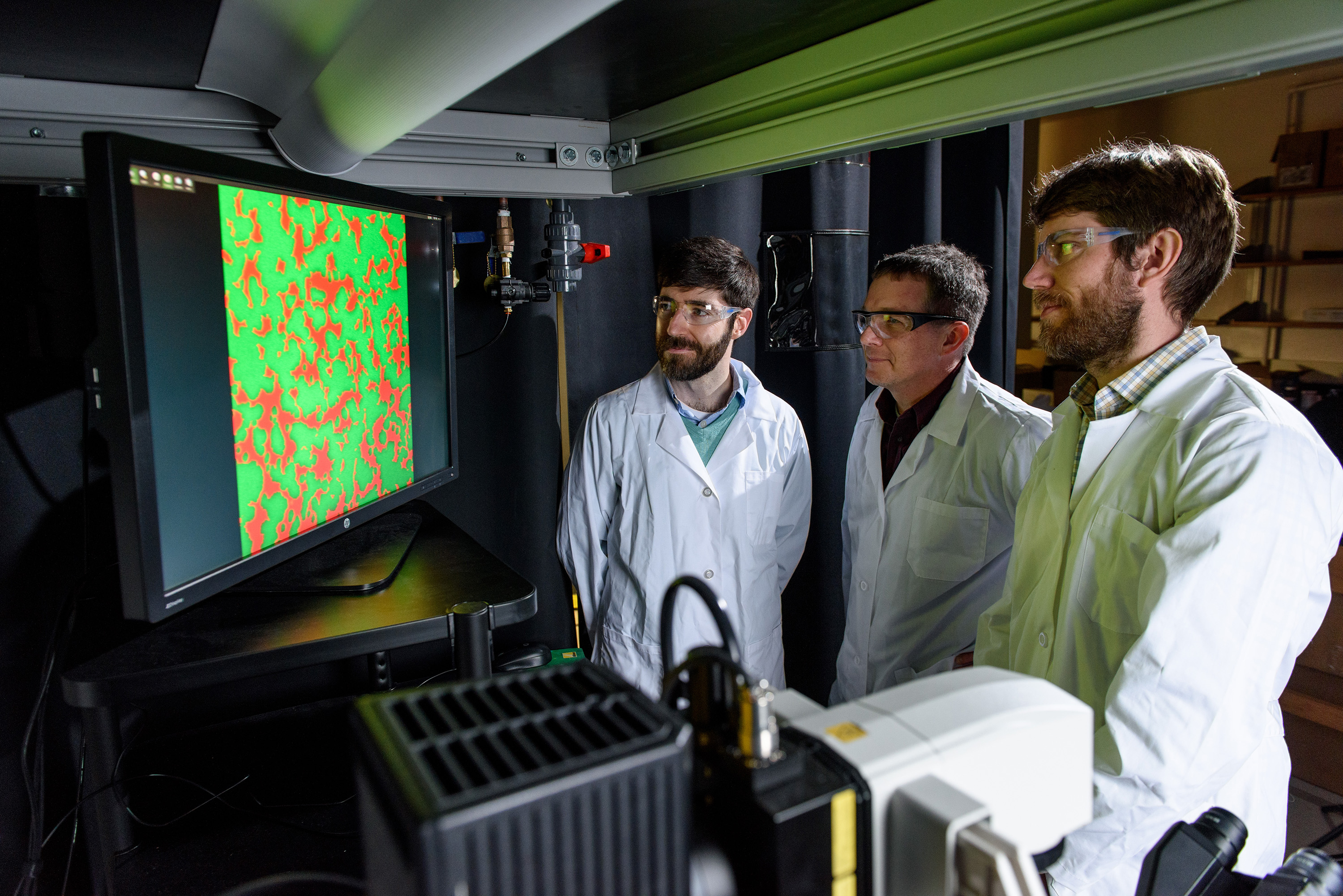 Physicist Peter Yunker, microbiologist Brian Hammer, and evolutionary biologist Will Ratcliff (left to right) look at a screen of bacteria that have phase separated into divided colonies in Yunker's lab at Georgia Tech. Credit: Georgia Tech / Rob Felt
