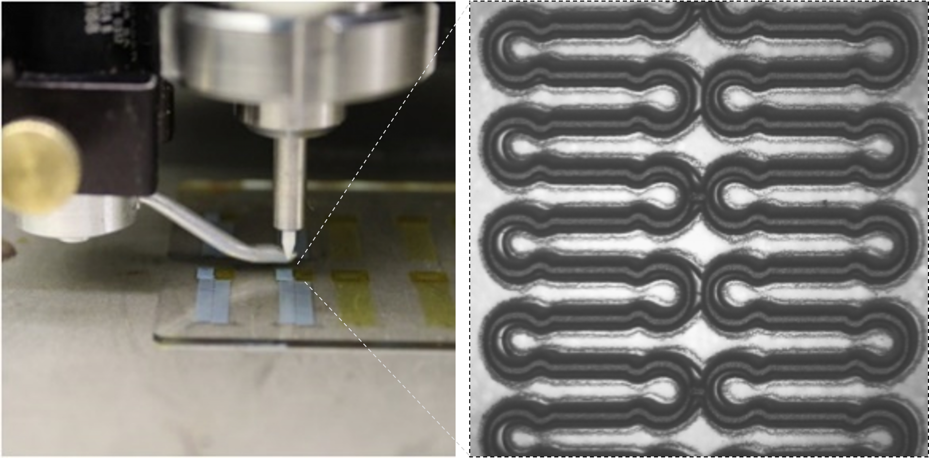 The wireless sensors are produced using an aerosol jet 3D printer. An example of the silver nanoparticle film is shown on the right. (Georgia Tech Photo)