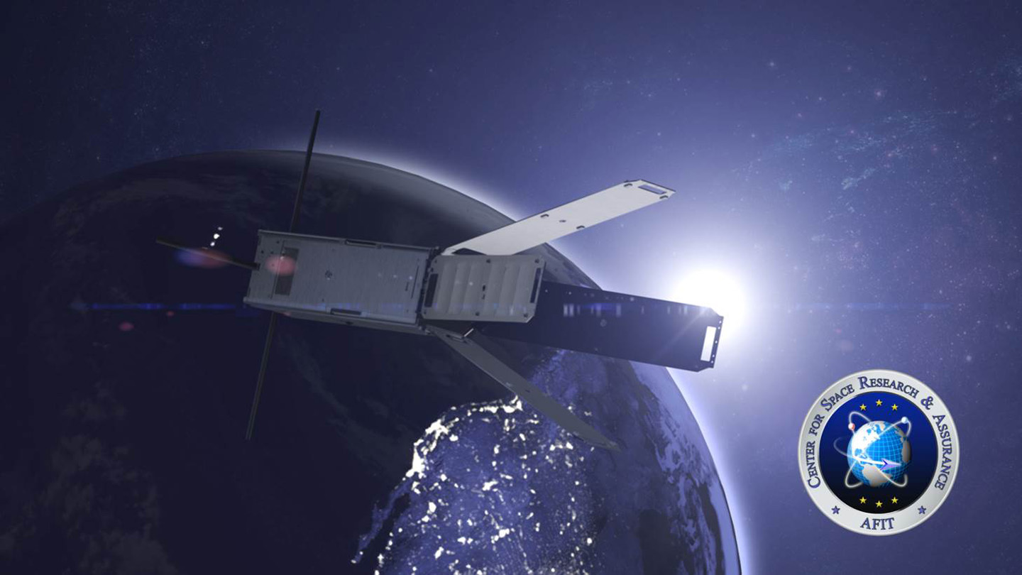 An artist rendering shows what the ALICE CubeSat will look like in space. Developed and built by the Air Force Institute of Technology, the micro-satellite will test the operation of carbon nanotubes as electron emitters in space. (Image courtesy of Air Force Institute of Technology)