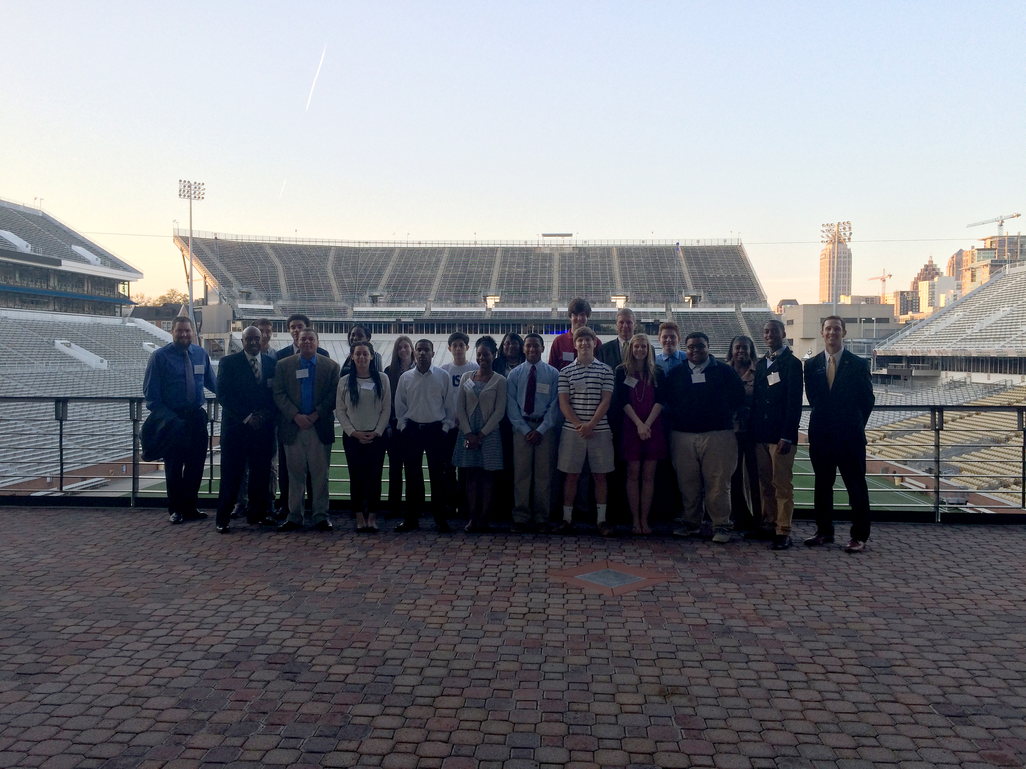 Students from Atlanta Public Schools who are among the 45 admitted to be part of Georgia Tech's incoming freshman class attended a reception on campus Tuesday night. The students pose with President G.P. "Bud" Peterson and Rick Clark, director of Undergraduate Admission.