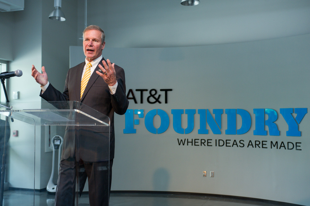 Georgia Tech President G.P. “Bud” Peterson welcomes the AT&T Foundry that opened Tuesday in Technology Square. (Georgia Tech Photo: Rob Felt)
