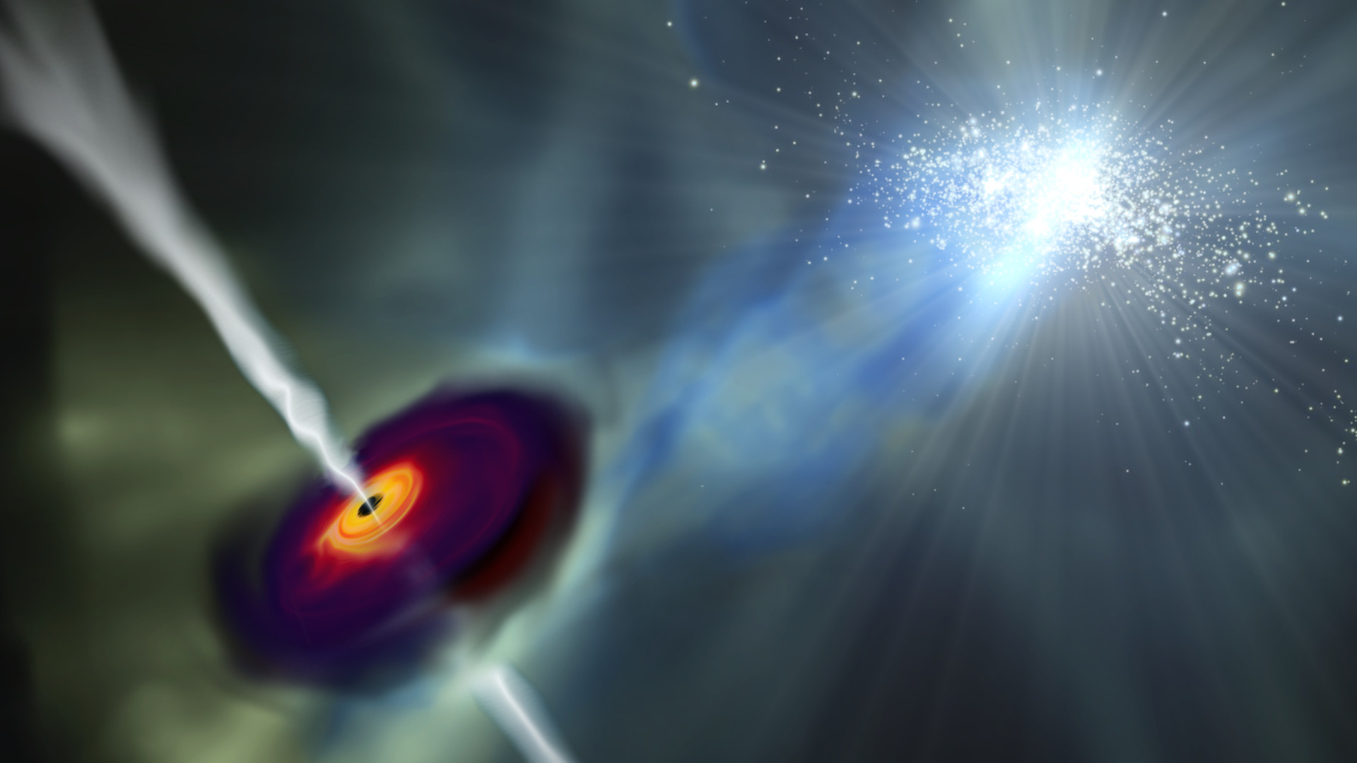 The massive black hole shown at left in this drawing is able to rapidly grow as intense radiation from a galaxy nearby shuts down star formation in its host galaxy. (Credit: John Wise)