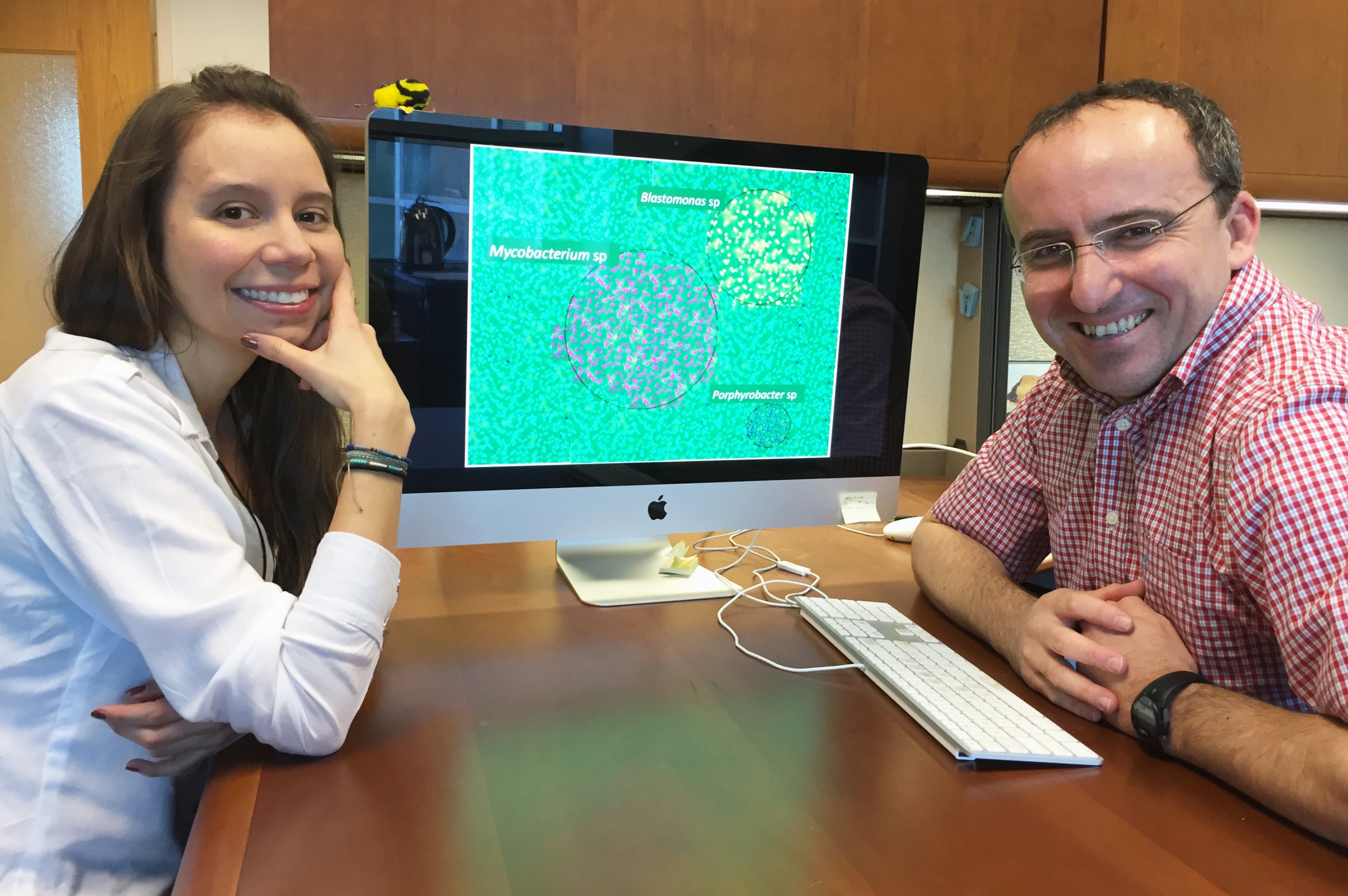 Georgia Tech Doctoral Student Maria Juliana Soto-Girón and School of Civil and Environmental Engineering Professor Kostas Konstantinidis are shown with images of bacteria. Research done with scientists from the U.S. Environmental Protection Agency documented bacteria in shower hoses taken from hospital patient rooms. (Credit: John Toon, Georgia Tech).