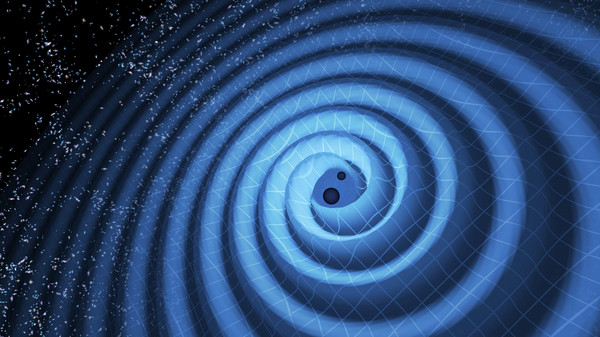 This illustration shows the merger of two black holes and the gravitational waves that ripple outward as the black holes spiral toward each other. Courtesy: LIGO/T. Pyle