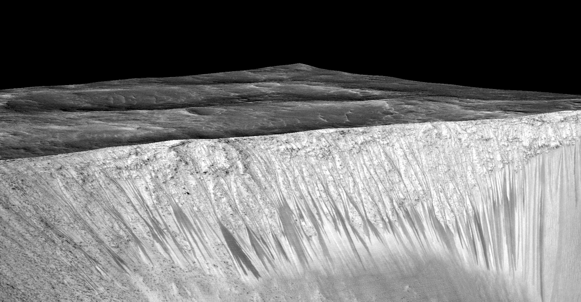 Dark narrow streaks called recurring slope lineae flowing out of the walls of Garni Crater on Mars. The streaks are up to a few hundred meters in length. Photo is color enhanced. Image credit: NASA/JPL/University of Arizona.