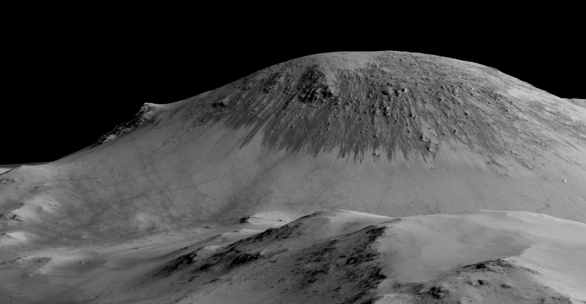 Dark, narrow, 100-meter long streaks called recurring slop lineae flowing downhill at Horowitz Crater on Mars. Image credit: NASA/JPL/University of Arizona