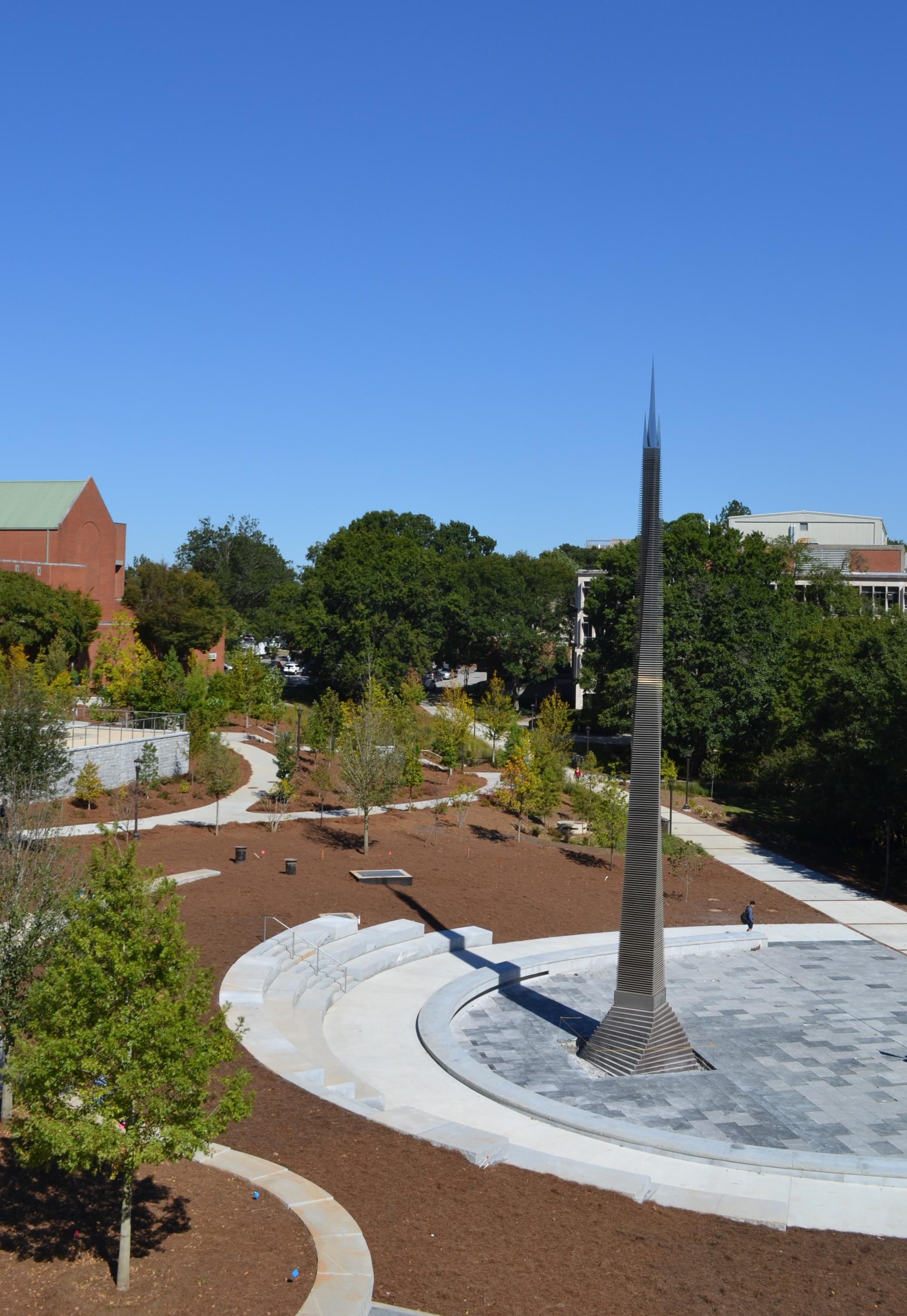 Campanile with redesigned fountain as part of the Campus Center Renovation Project.