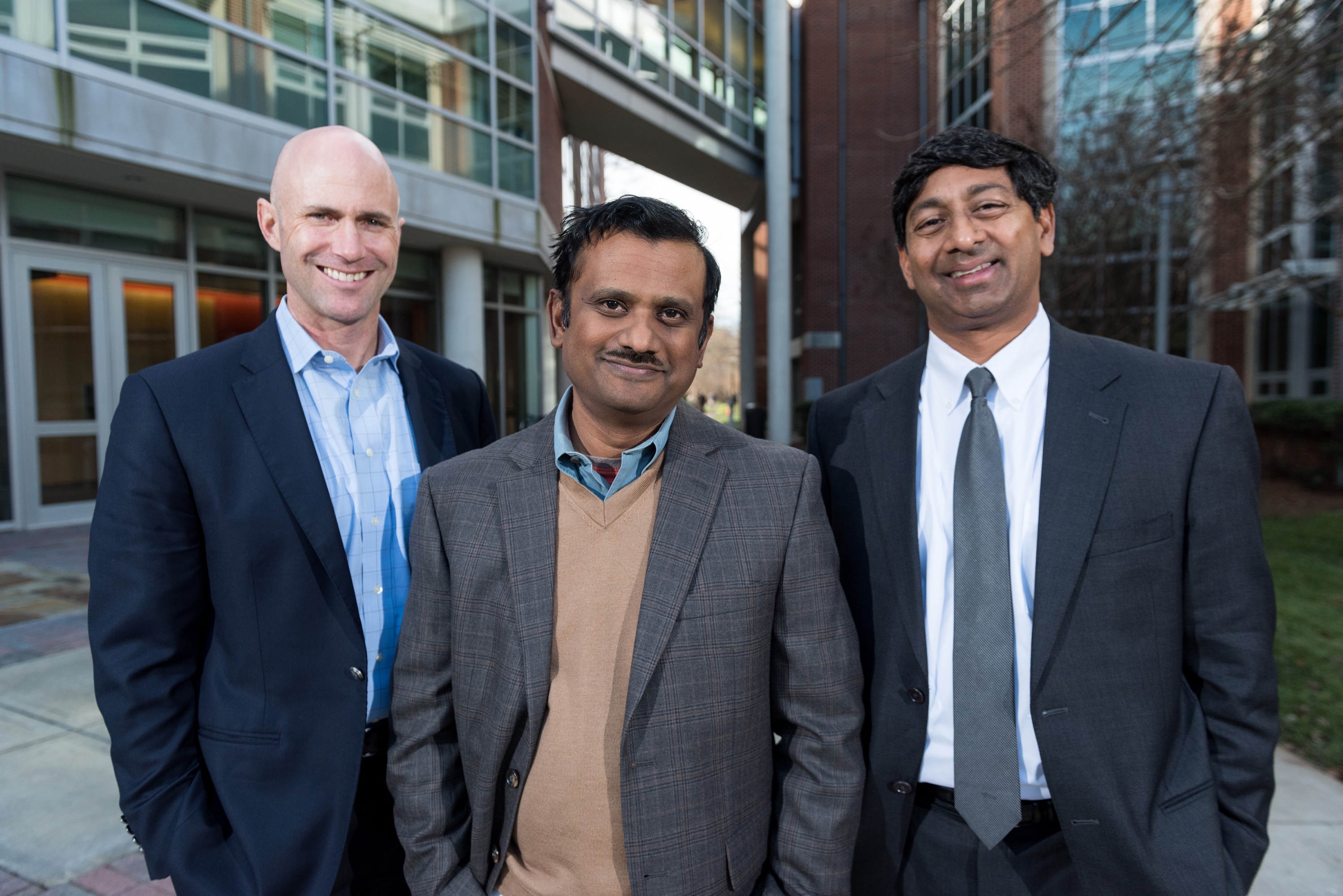 Georgia Tech has launched a new research center that will develop processes and techniques for ensuring the consistent, low-cost, large-scale manufacture of high-quality living cells used in cell-based therapies. Shown (l-r) are Robert Guldberg, executive director of Georgia Tech’s Petit Institute for Bioengineering and Bioscience; Krishnendu Roy, Robert A. Milton Chair and professor in the Wallace H. Coulter Department of Biomedical Engineering at Georgia Tech and Emory University, and Ravi Bellamkonda, 