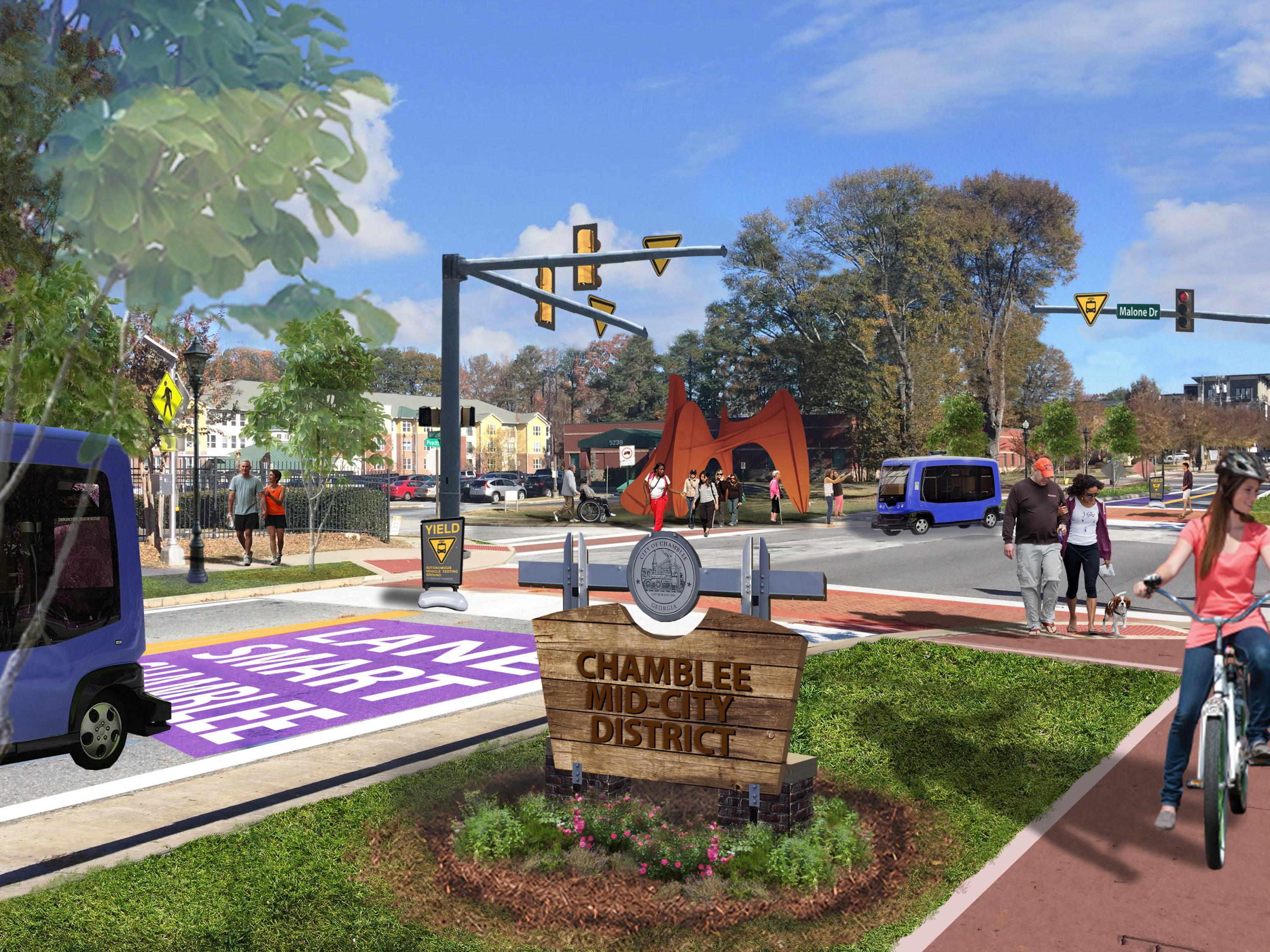 Conceptual illustration of what Peachtree Road in Chamblee might look like with shared autonomous vehicles. The city is using Georgia Smart funding to collaborate with a Georgia Tech to study how improving urban design and passenger experiences can help build ridership. (Credit: Stantec)