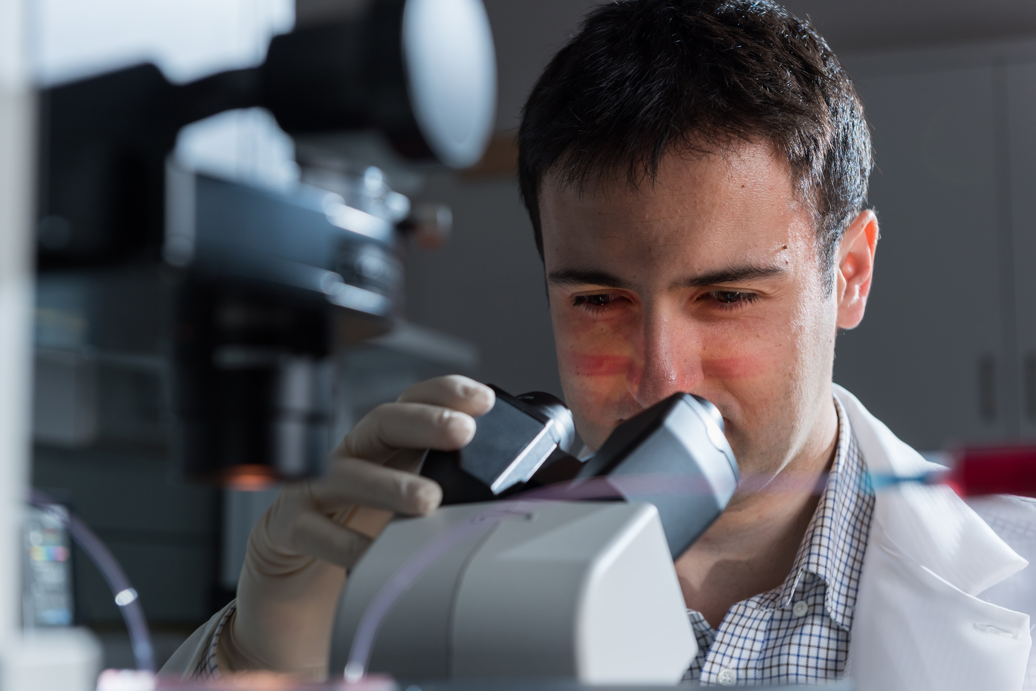 Fatih Sarioglu, an assistant professor in the Georgia Tech School of Electrical and Computer Engineering, is shown examining a microfluidic device designed to capture cancer cell clusters. (Credit: Rob Felt)