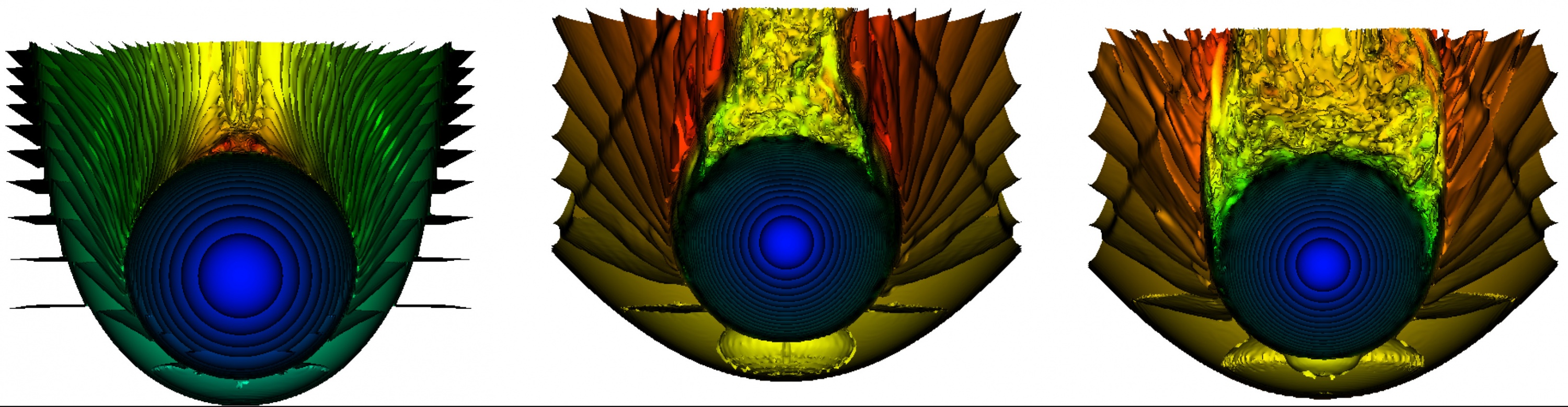 A sequence of snapshots from a simulation showing a red giant star tunneling through a high density gas clump. The star is moving downward in the illustration, as indicated by the bow-shaped “onion skin” surfaces of constant density. Soon after the star plunges into the clump, it develops a high temperature “blister” at the point of impact and a full turbulent wake behind it.