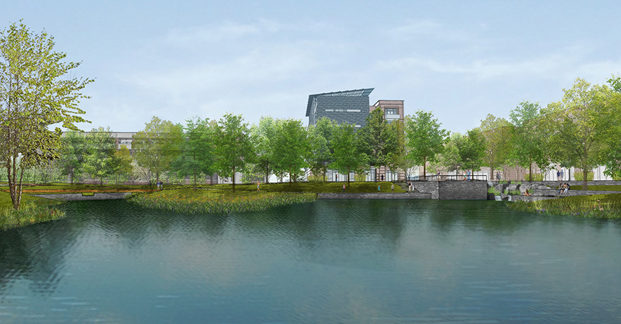 Proposed view across Eco-Commons Pond, just north of the Molecular Science and Engineering Building as part of the sector planning conducted by Capital Planning and Space Management for the area around the Engineered Biosystems Building 