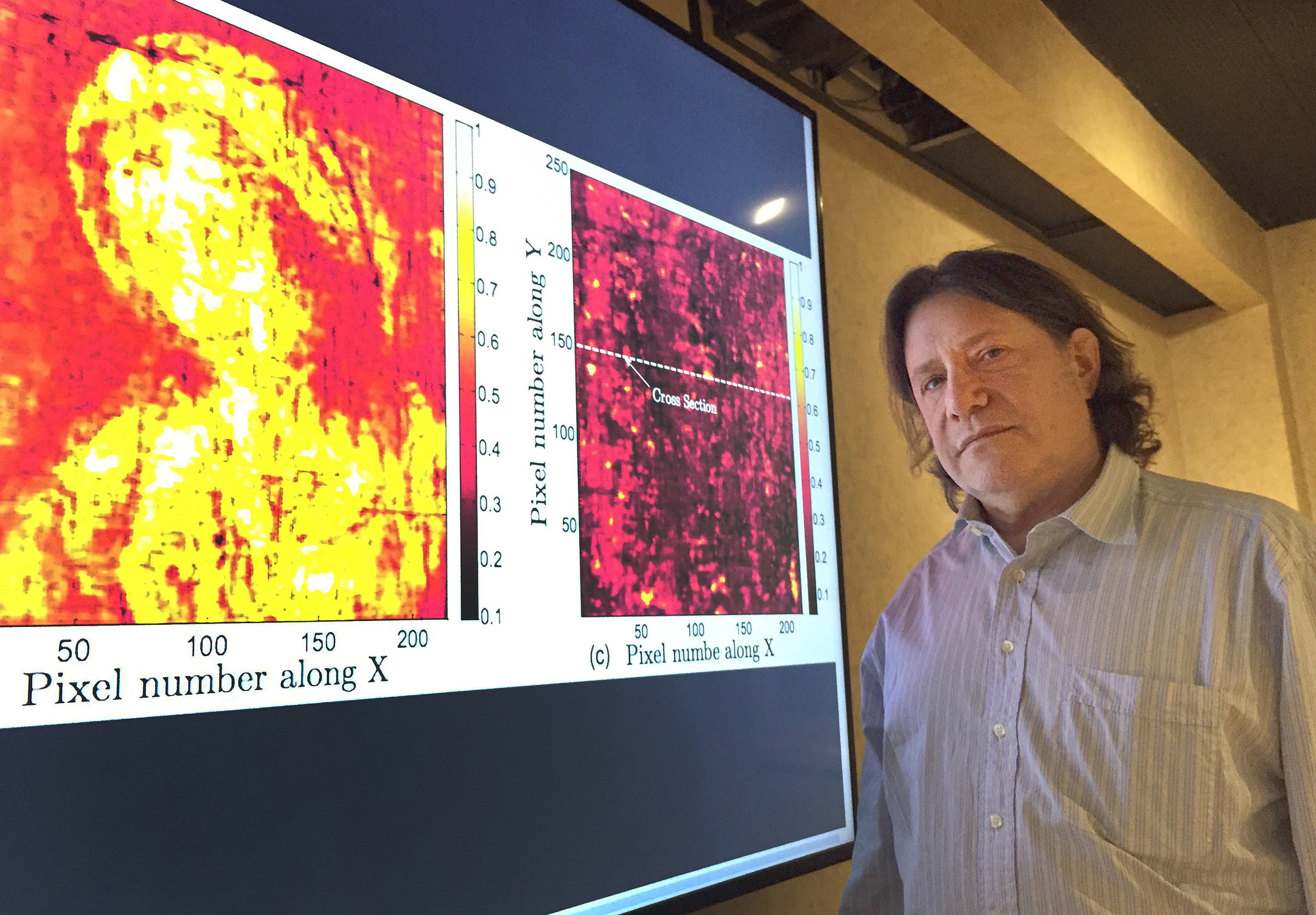 Georgia Tech professor David Citrin is shown with images produced by a terahertz imaging technique. Researchers studied a 17th century painting using a terahertz reflectometry technique to analyze individual paint layers.(Credit: John Toon, Georgia Tech)