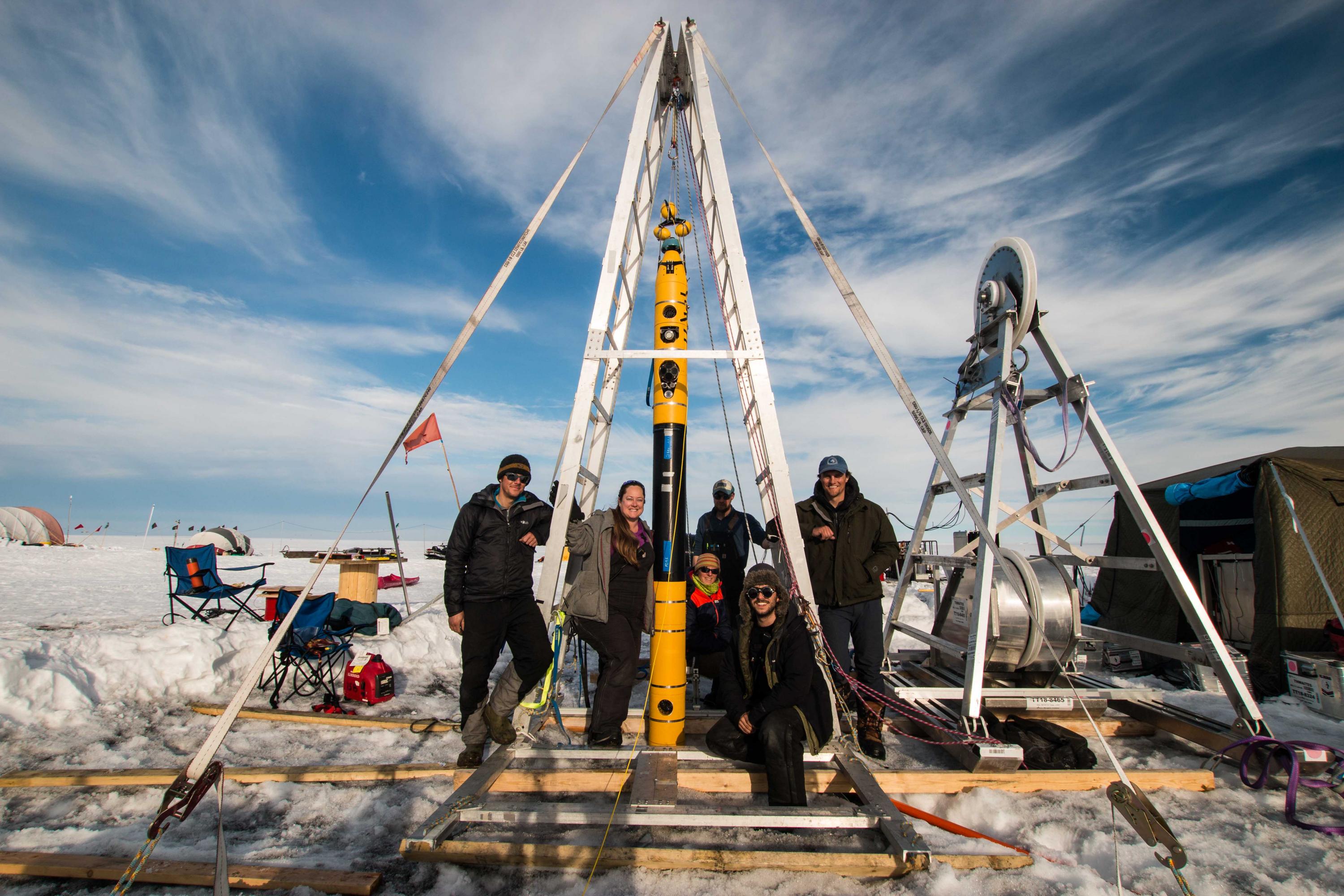 The ITGC team involved in the project using the Icefin autonomous underwater vehicle after its last deployment to the ocean underside of Thwaites Glacier and its grounding line on January 12, 2020. Credit: International Thwaites Glacier Collaboration / Georgia Tech-Schmidt / Dichek