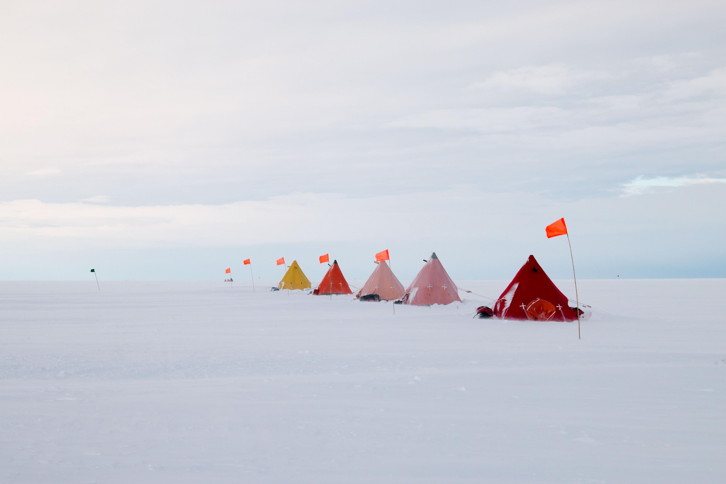 The camp of the research team that included Britney Schmidt on Thwaites Glacier hundreds of meters atop the glacier's very critical grounding zone. The crew lived and researched here for two months out in the open in Antarctica. Credit: International Thwaites Glacier Collaboration / Georgia Tech-Schmidt / Dichek