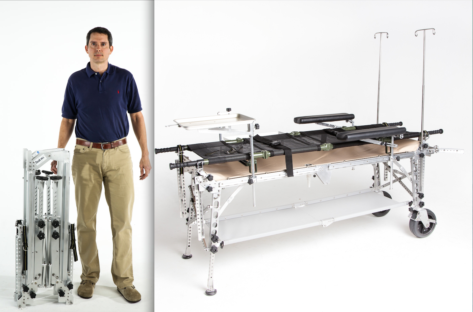 Mark W. Trimble, managing principal of Morzine Medical, stands next to the Doak Table folded. The tables are used in surgical procedures out on the battlefield by the U.S. Army and Navy and can be put together in less than a minute.Photo Credit: Morzine Medical
