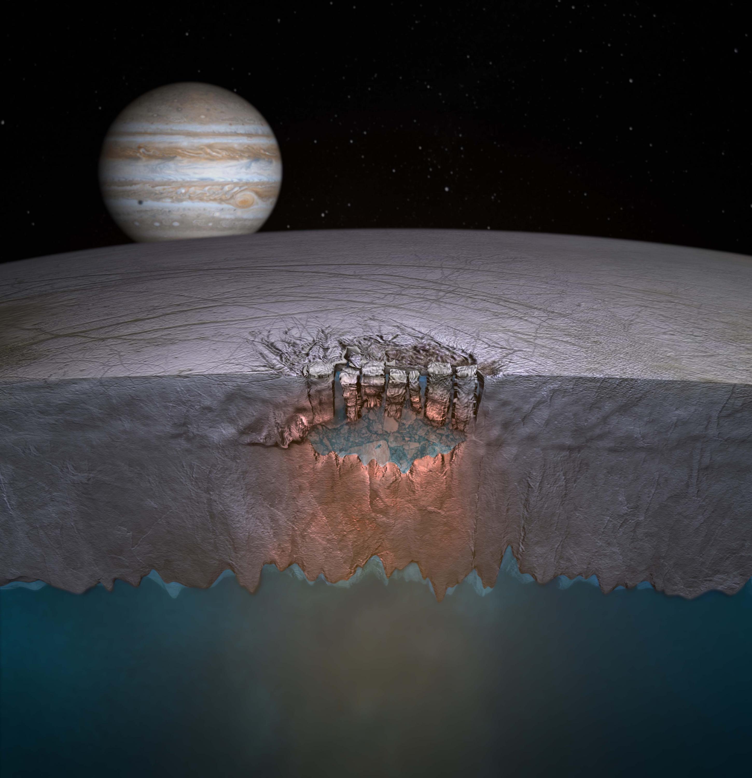 Europa. The name of Jupiter's icy moon has spread around the world as a hopeful candidate for life elsewhere in our solar system. If it's there, a new NASA-funded research alliance called Oceans Across Space and Time wants to find it. Credit: NASA handout/Britney Schmidt/Dead Pixel VFX/University of Texas, Austin