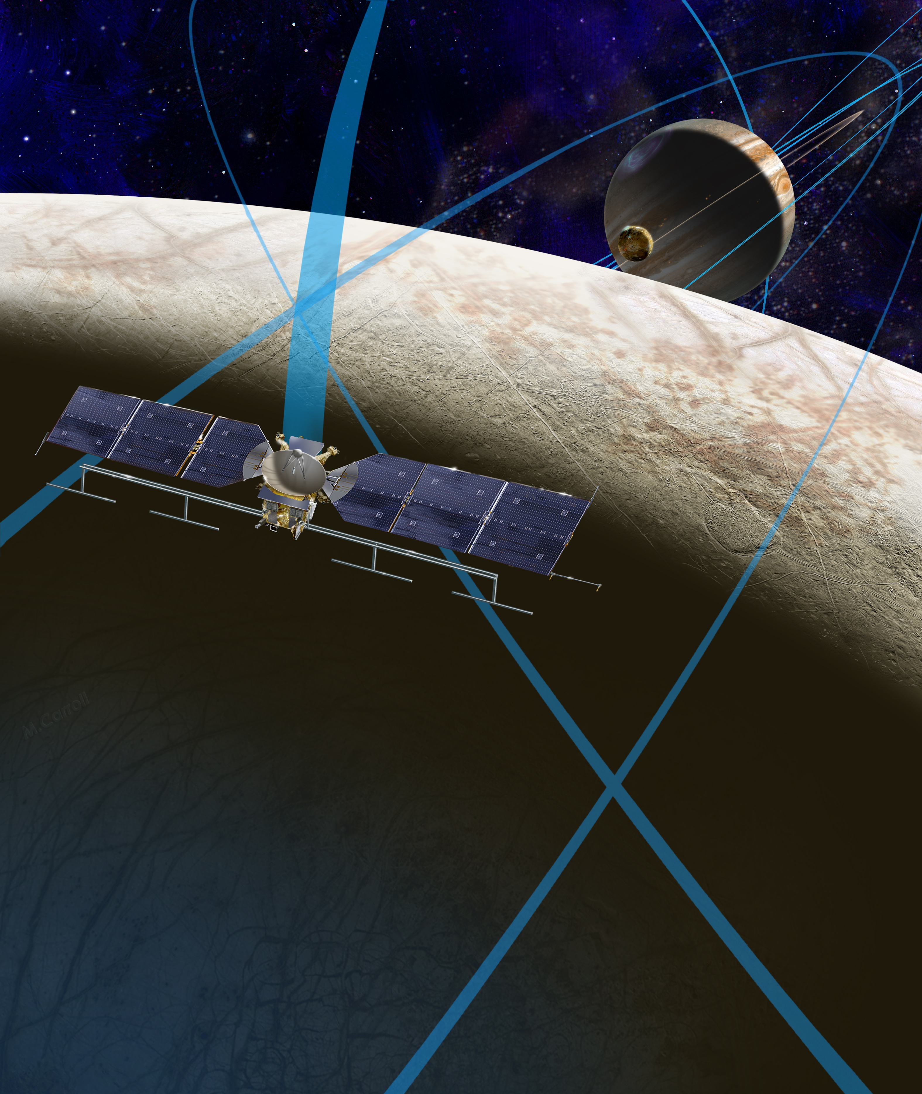 This artist's rendering shows a concept for a future NASA mission to Europa in which a spacecraft would make multiple close flybys of the icy Jovian moon, thought to contain a global subsurface ocean.Credits: NASA/JPL-Caltech