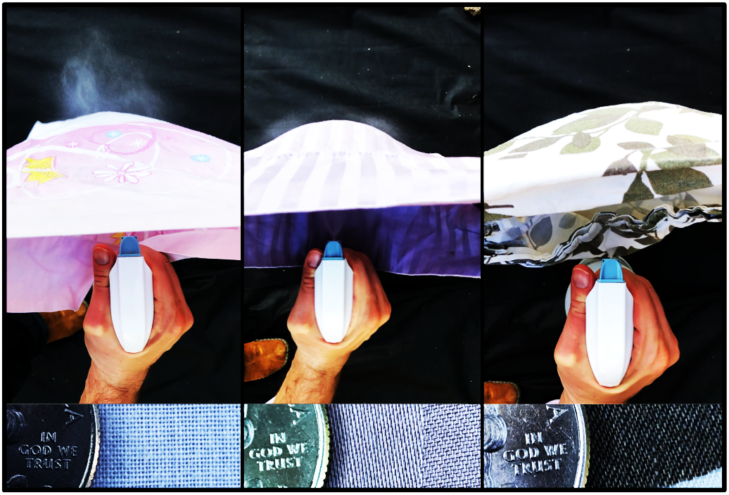 This image shows the amount of mist passing through three different types of fabric. The fabric on the right is most suitable for a DIY face mask.