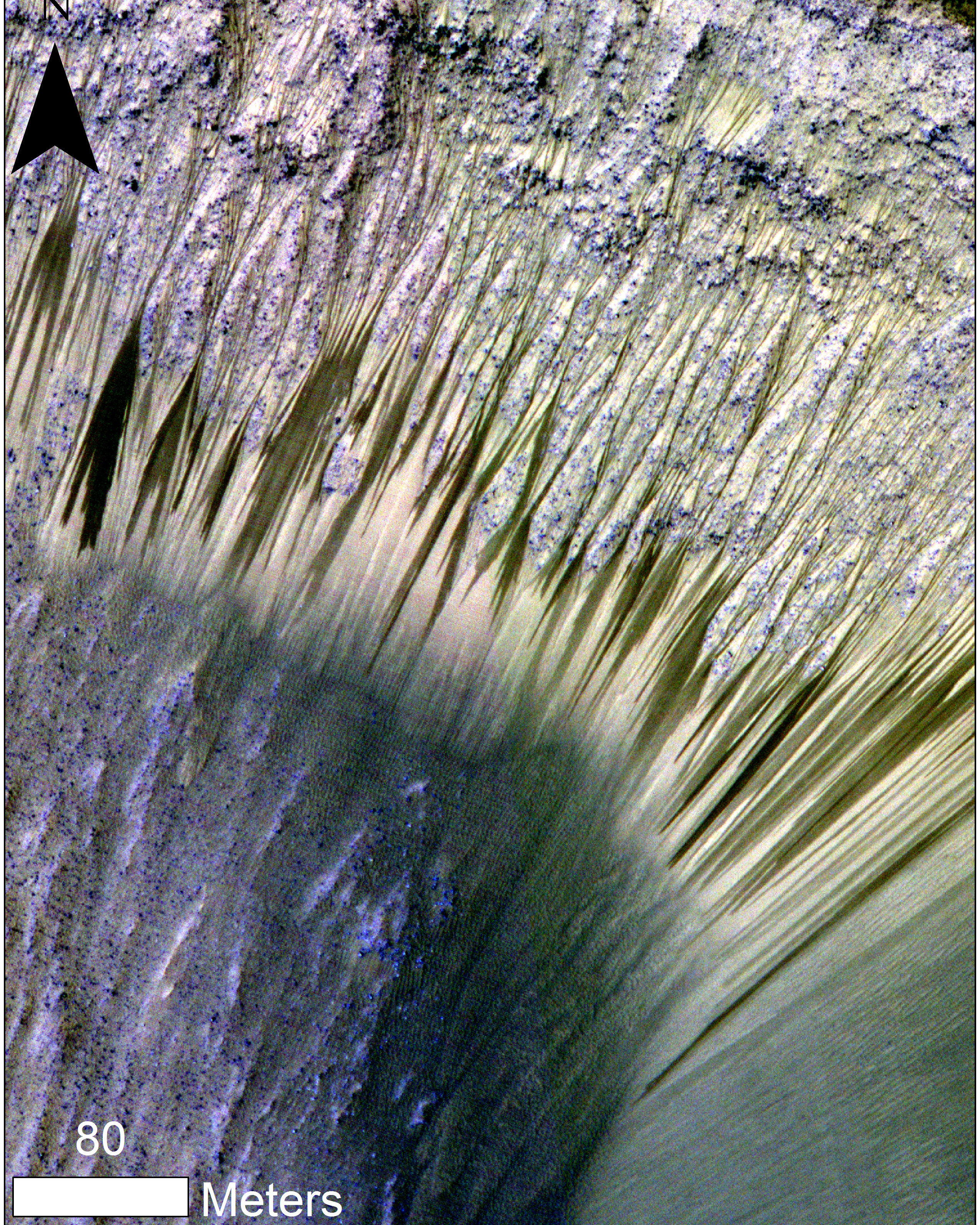 Dark elongated streaks called Recurring Slope Lineae observed in HiRISE images of Mars. The RSL form on sun facing slopes during warm season and fade during cold season. 