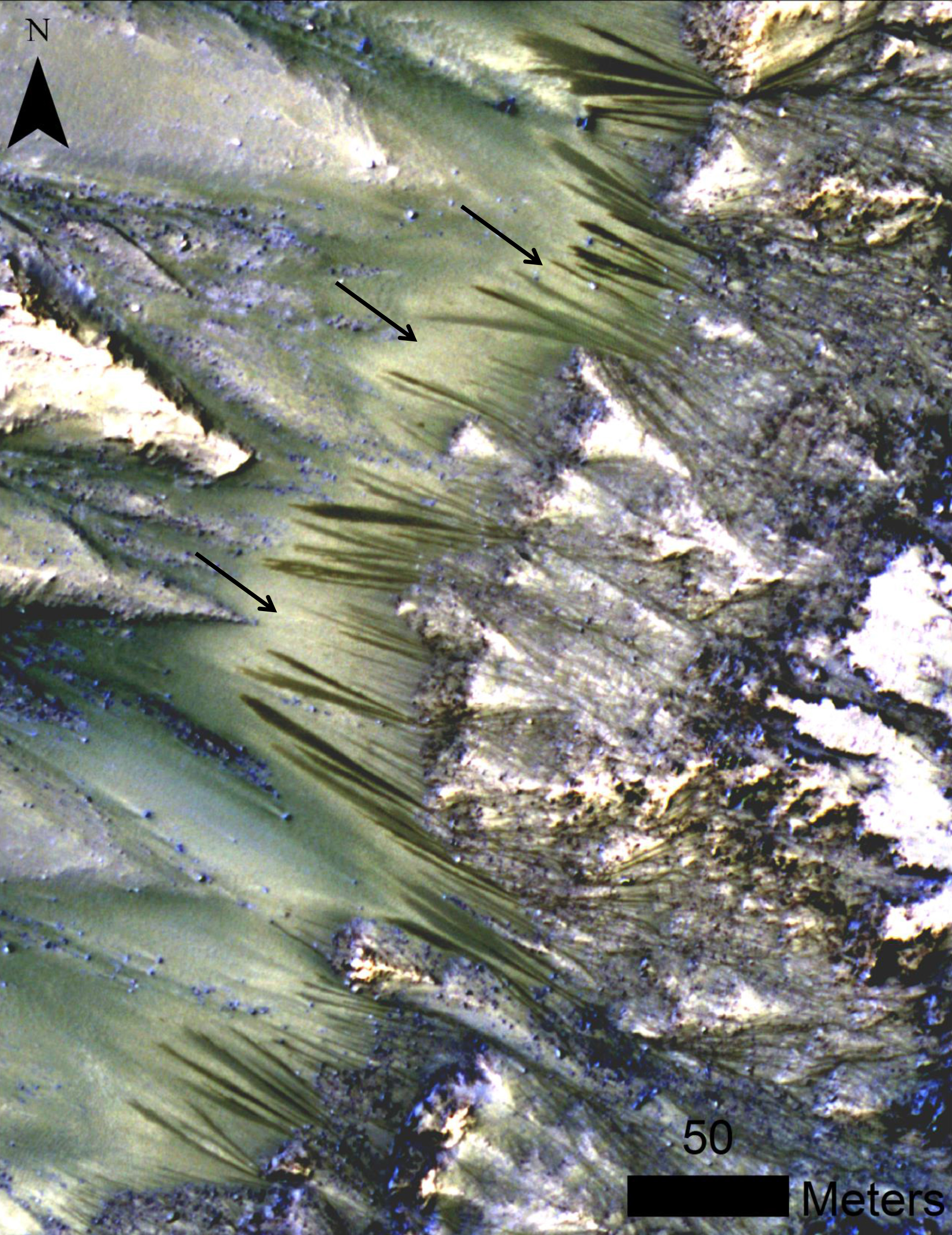 Dark flow like features called Recurring Slope Lineae emanating from bedrock exposures at Palikir crater on Mars during southern summer. These flows are observed to form and grow during warm seasons when surface temperature is hot enough for salty ice to melt, and fade or completely disappear in cold season. Arrows point to bright, smooth fans left behind by flows.