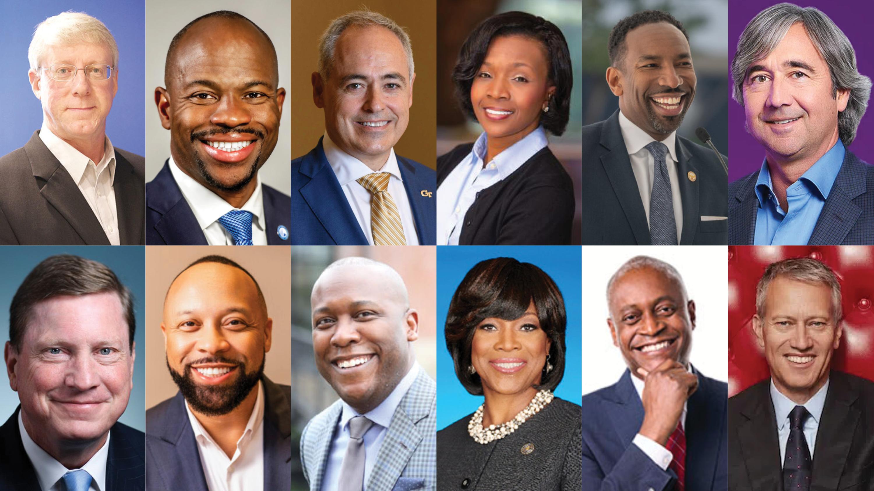 Georgia Trend 2023 Influential Georgians - Top row (from left to right): John Avery, Brian Blake, Ángel Cabrera, Lisa Cupid, Andre Dickens, Jimmy Etheredge. Bottom row: Tom Fanning, Paul Judge, Jerald Mitchell, Valerie Montgomery Rice, Raphael Bostic, James Quincey. 