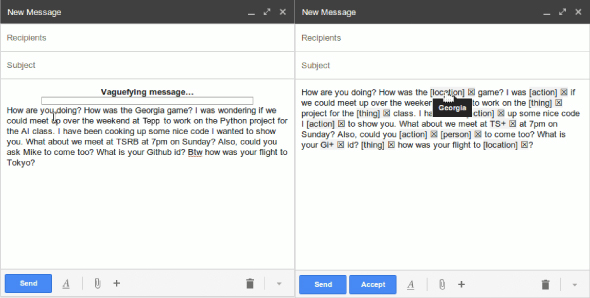 Open Book example. On the left, a typical email. On the right, the message is vaguer after Open Book transforms it but doesn't change meaning.