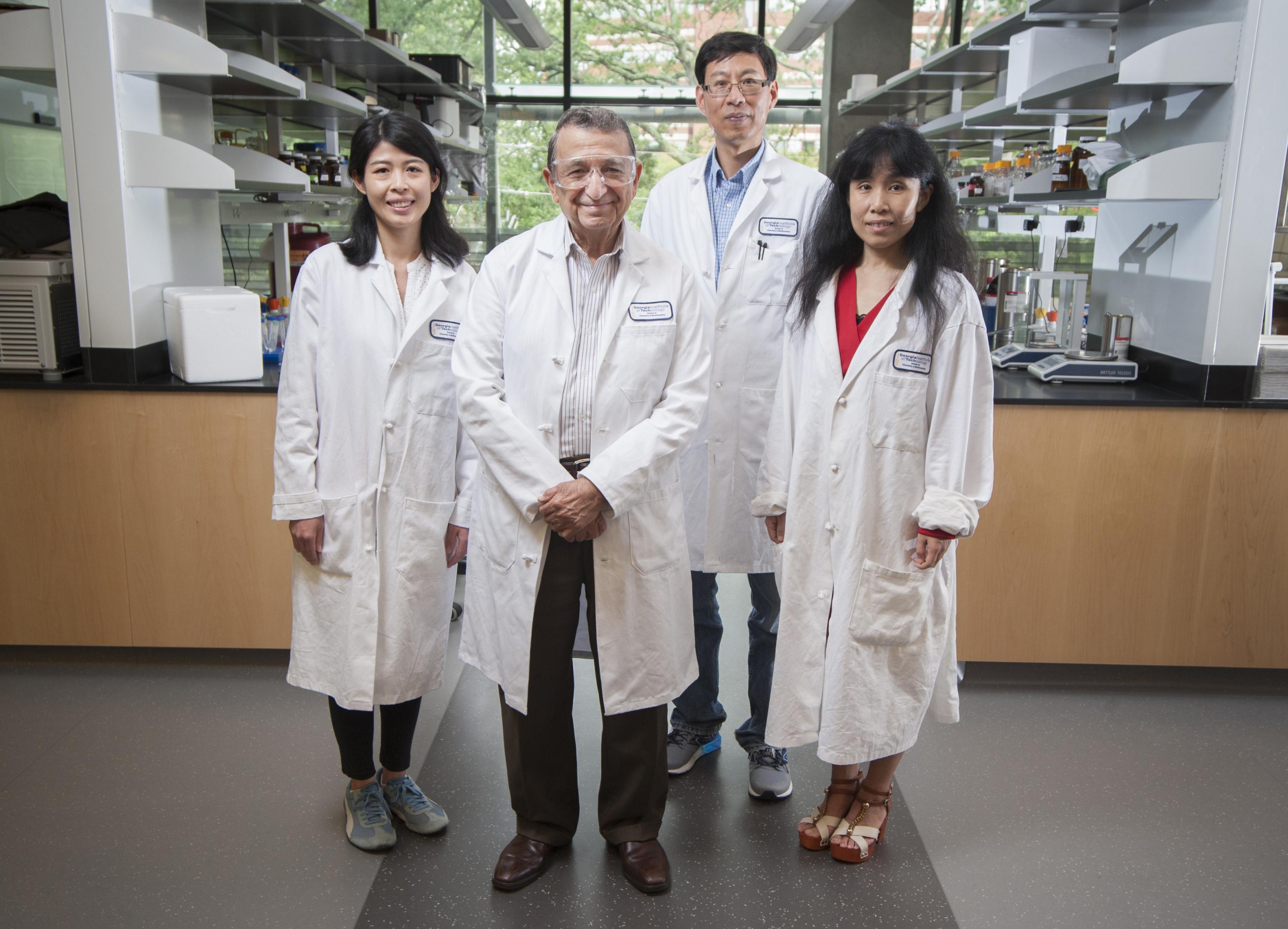 Georgia Tech's Regents Professor Mostafa El-Sayed (front) is one of the most highly decorated and cited living chemists. With his team for this research from left to right: Yue Wu, Professor Ronghu Wu, and Yan Tang. Credit: Georgia Tech / Christopher Moore