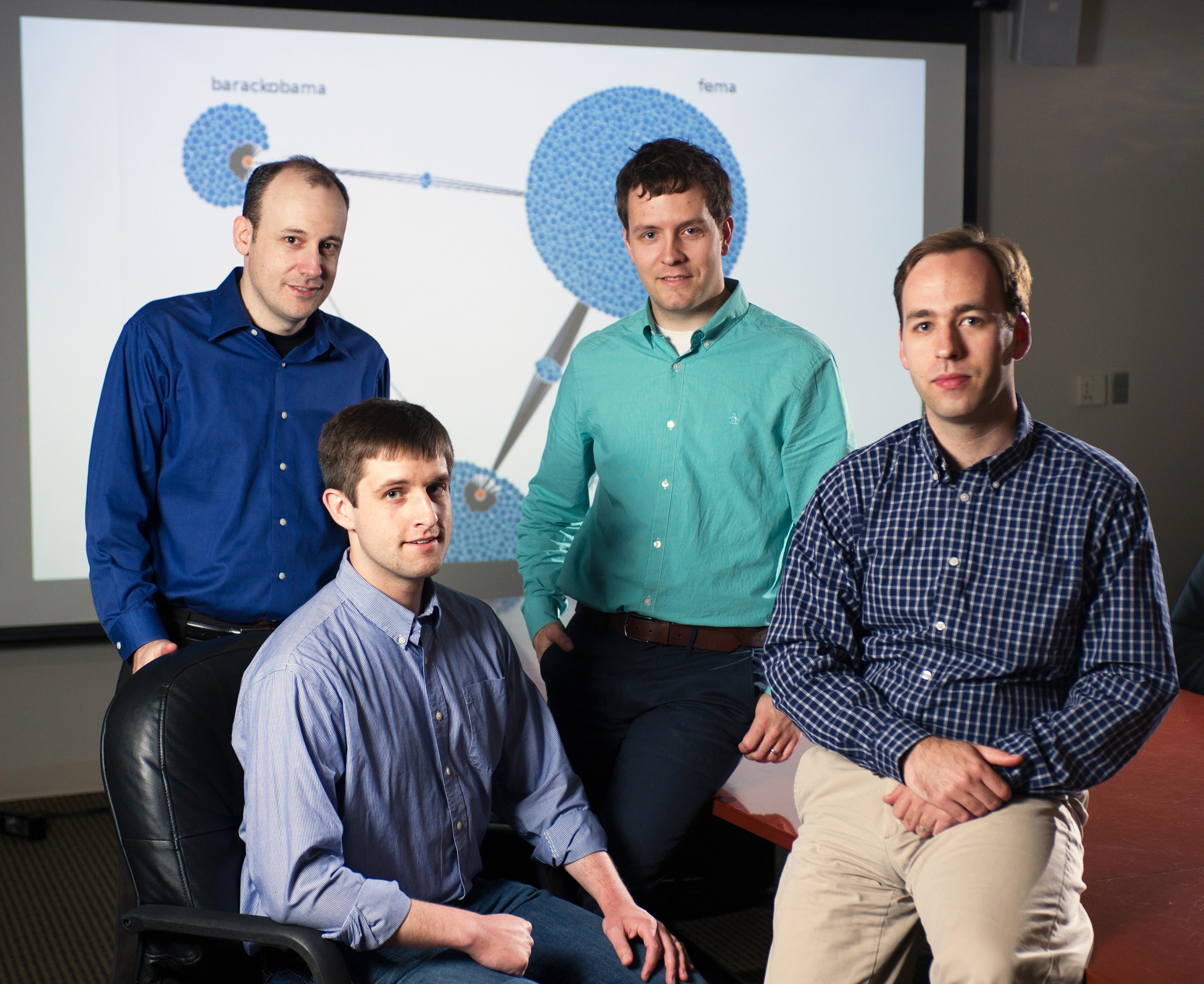 A GTRI team consisting of (left to right) Dan Campbell, Rob McColl, Jason Poovey, and David Ediger is bringing graph analytics to bear on a range of data-related challenges including social networks, surveillance intelligence, computer-network functionality, and industrial control systems.