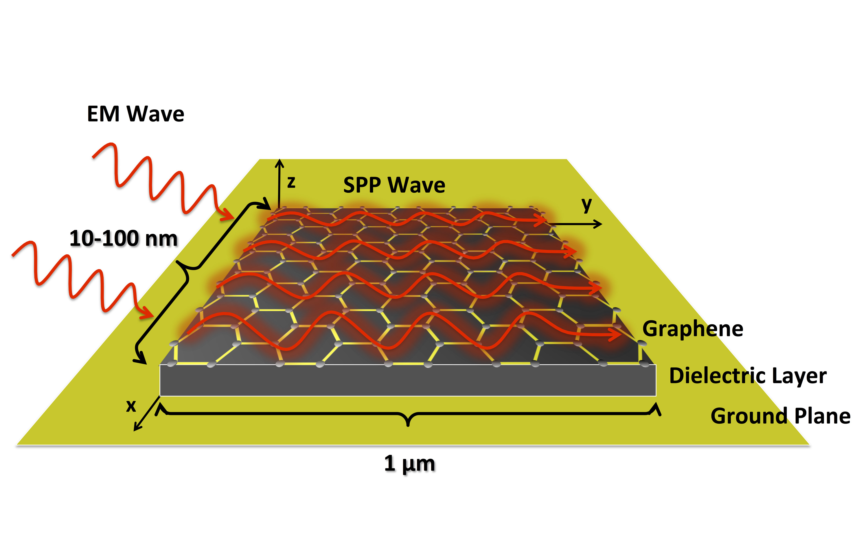 Schematic shows how surface plasmon polariton (SPP) waves would be formed on the surface of tiny antennas fabricated from graphene. The antennas would be about one micron long and 10 to 100 nanometers wide. (Courtesy Ian Akyildiz and Josep Jornet)