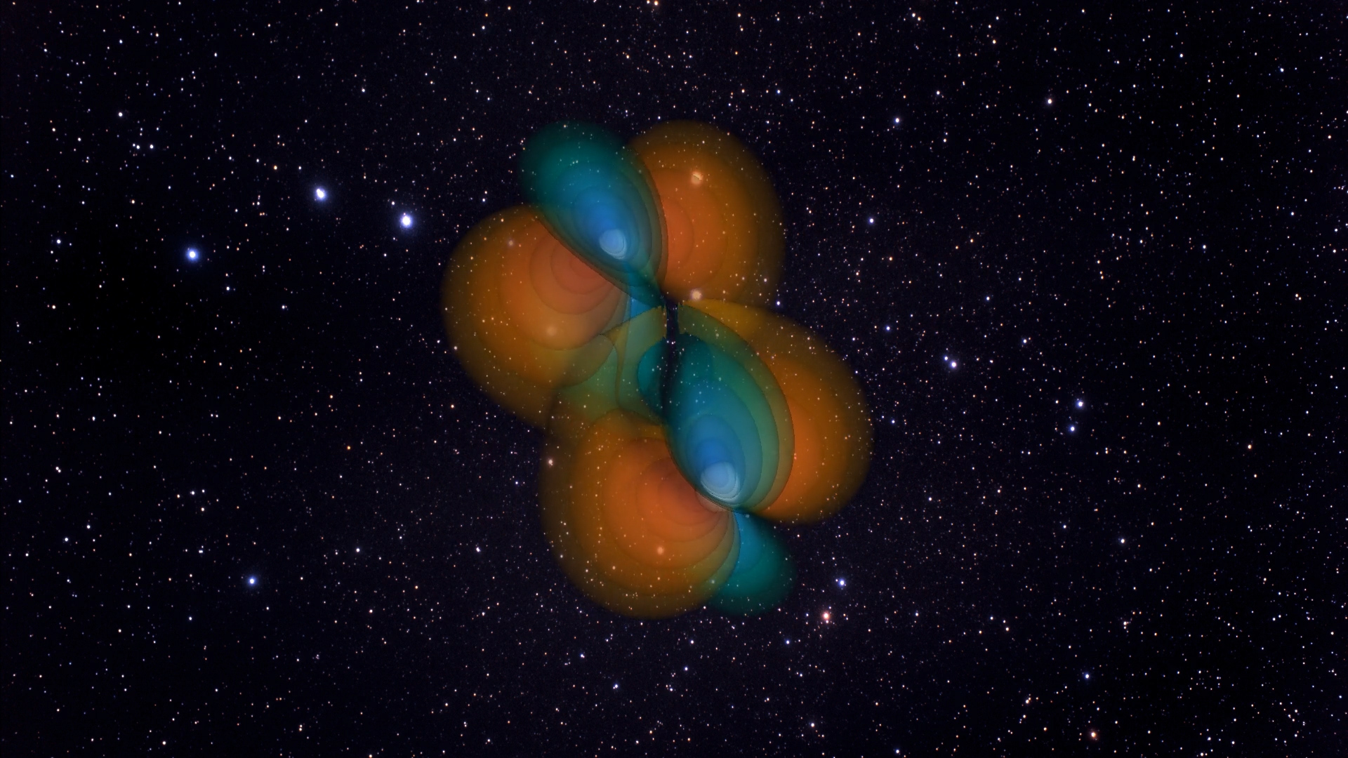 Visualization of the first binary black black hole coalescence discovered, GW150914, which was announced on February 11, 2016. The two black holes are in orbit around each other, getting closer together, losing energy to gravitational waves, seen here as colored contours.The two white spheres are the black holes, colored white for visibility. The image was taken from a binary/simulation that was created by Georgia Tech's team, including Matt Kinsey, Karan Jani and Michael Clark.