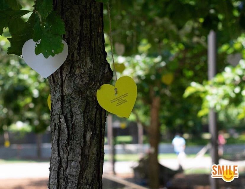 Paper hearts hangs from a campus tree displaying messages from a member of the campus community. Photo courtesy of SMILE