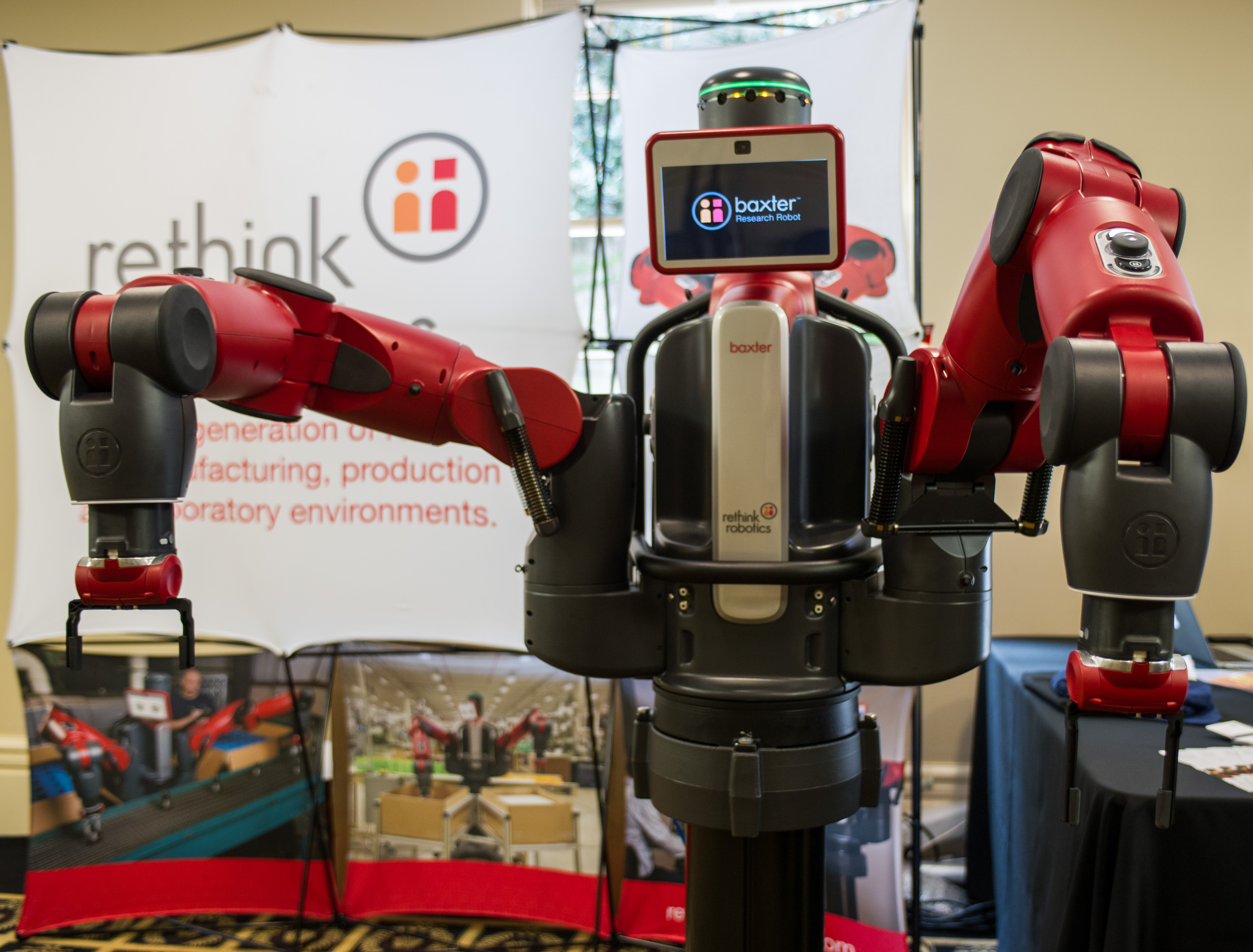 Baxter is used in manufacturing environments, where it performs a variety of repetitive production tasks safely next to people. The robot is on display at Georgia Tech during the Humanoids 2013 conference.